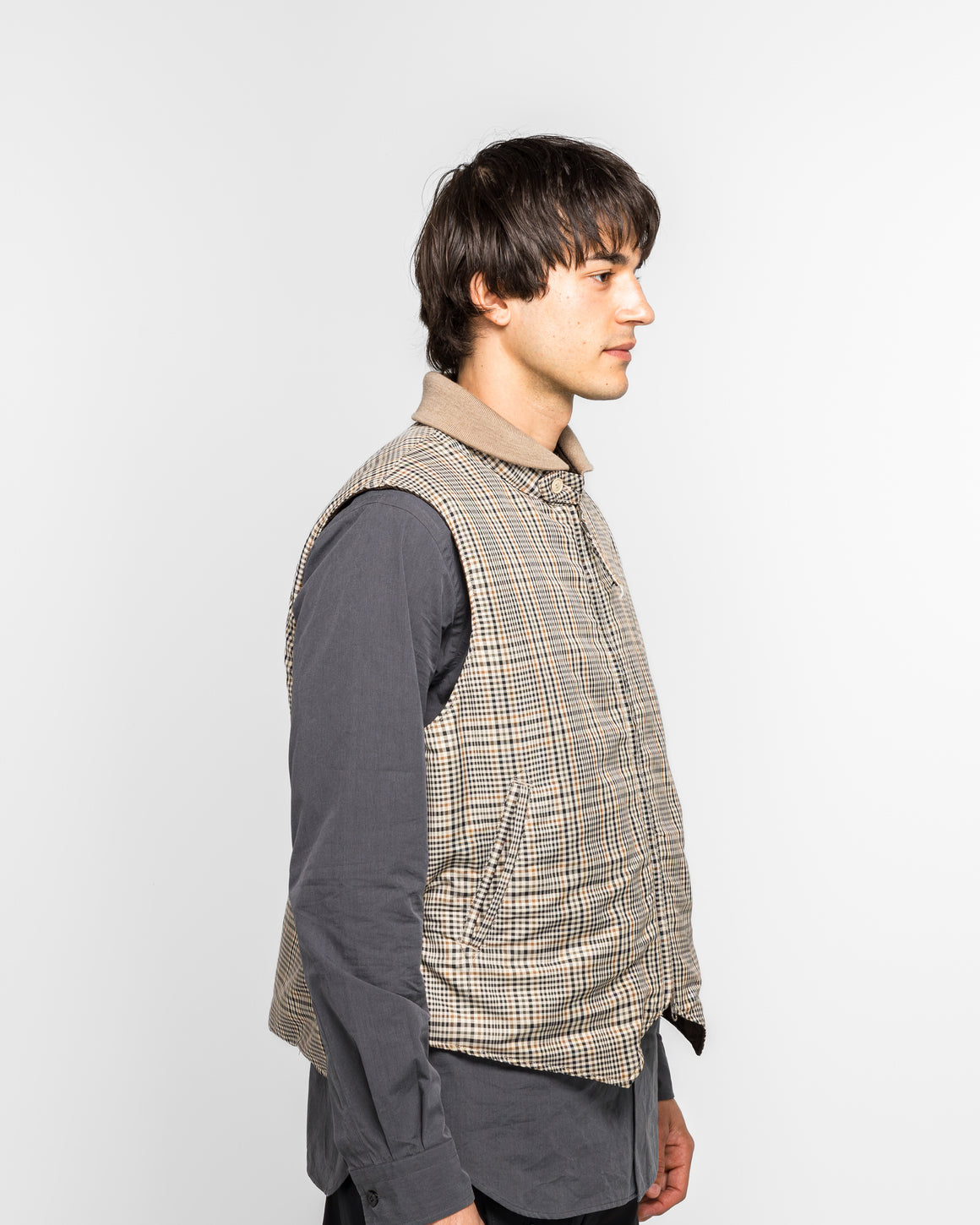 Engineered Garments - LL Vest - Khaki Plaid Polyester Cloth - UP THERE
