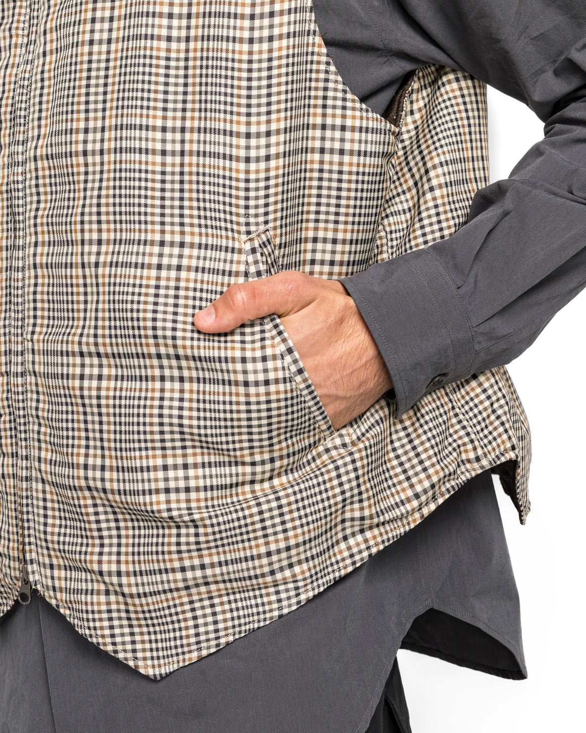 Engineered Garments - LL Vest - Khaki Plaid Polyester Cloth - UP THERE