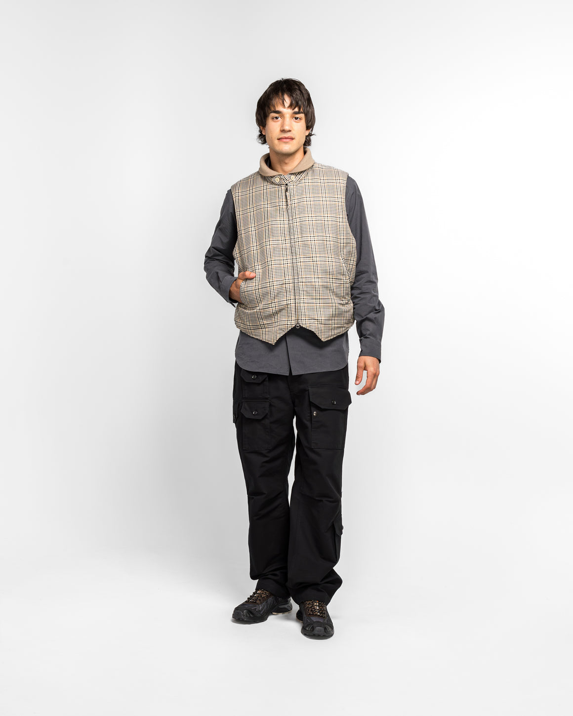 Engineered Garments - LL Vest - Khaki Plaid Polyester Cloth - UP THERE