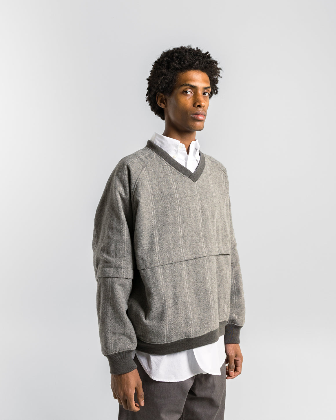 Engineered Garments - Wind Pull - Light Grey Wool Stribed HB - UP THERE