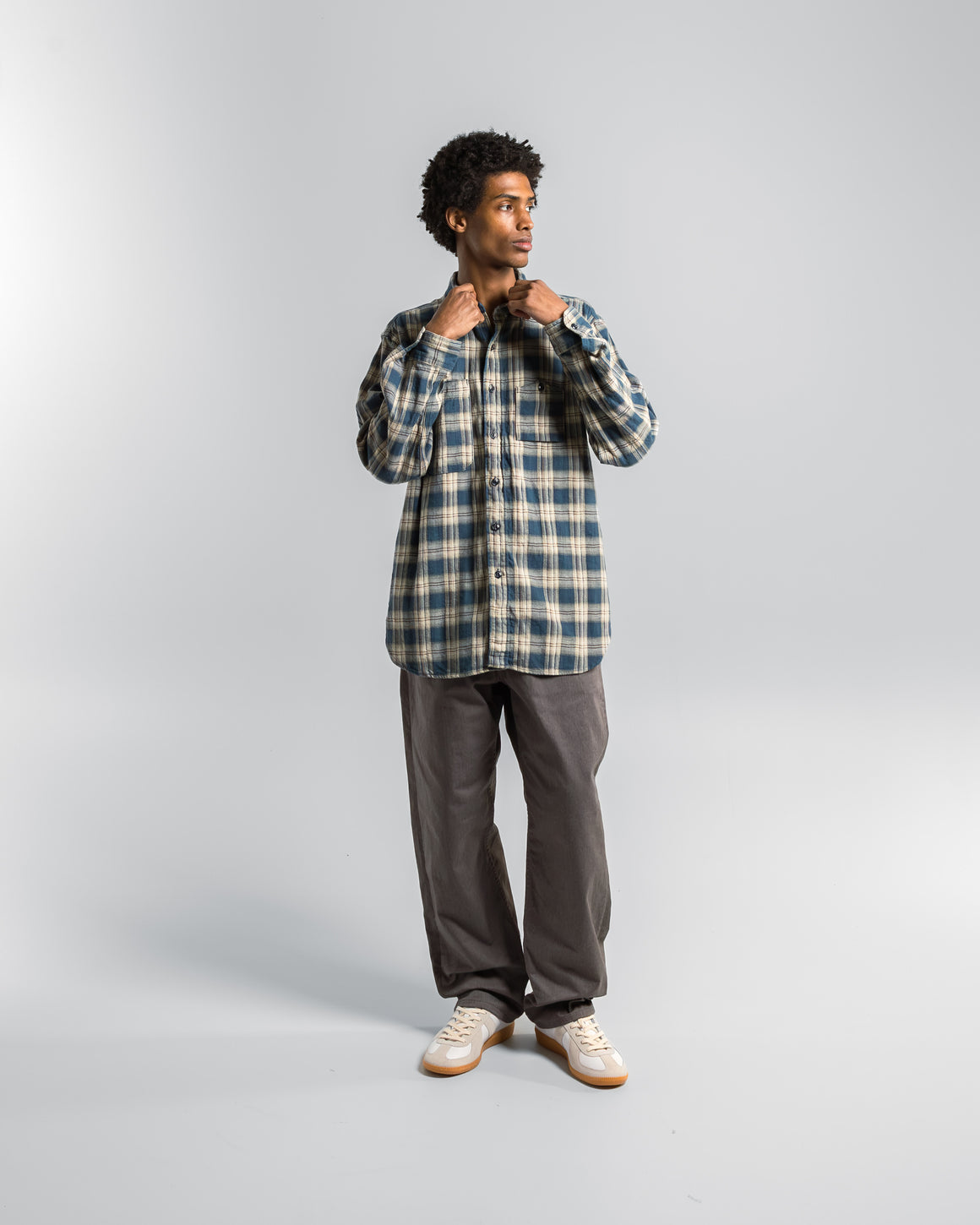 Engineered Garments - Work Shirt - Navy Cotton Plaid Jacquard - UP THERE