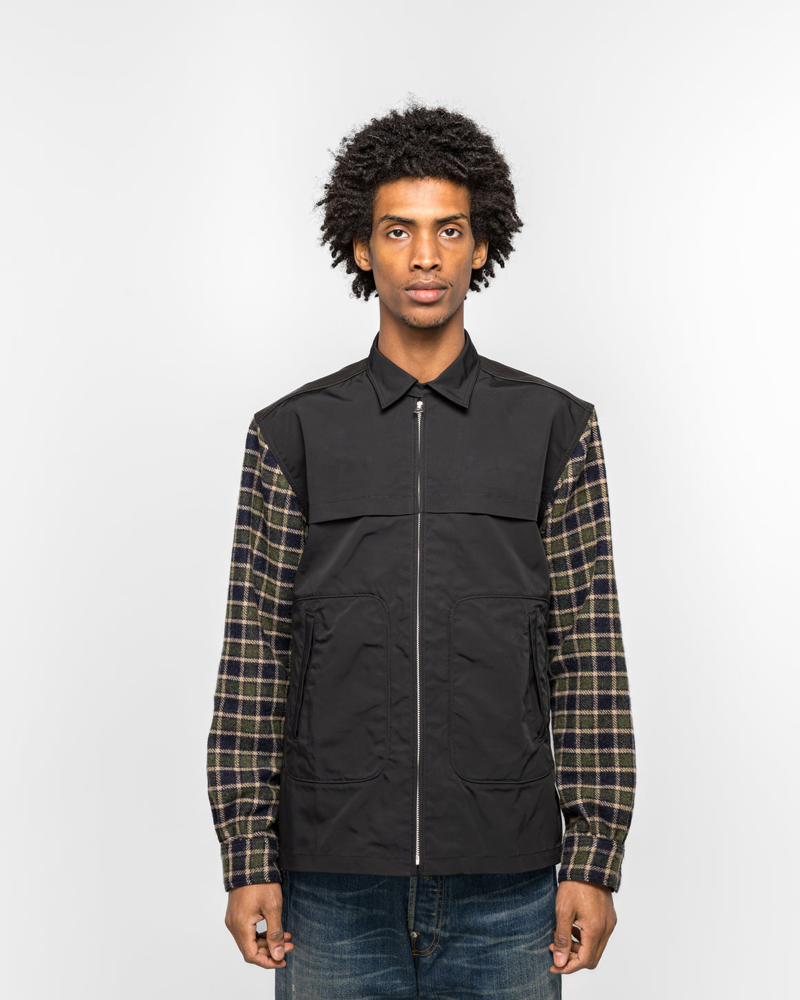 Junya Watanabe MAN - Polyester Oxford Wool Check Leather Shirt - Green/Black - UP THERE