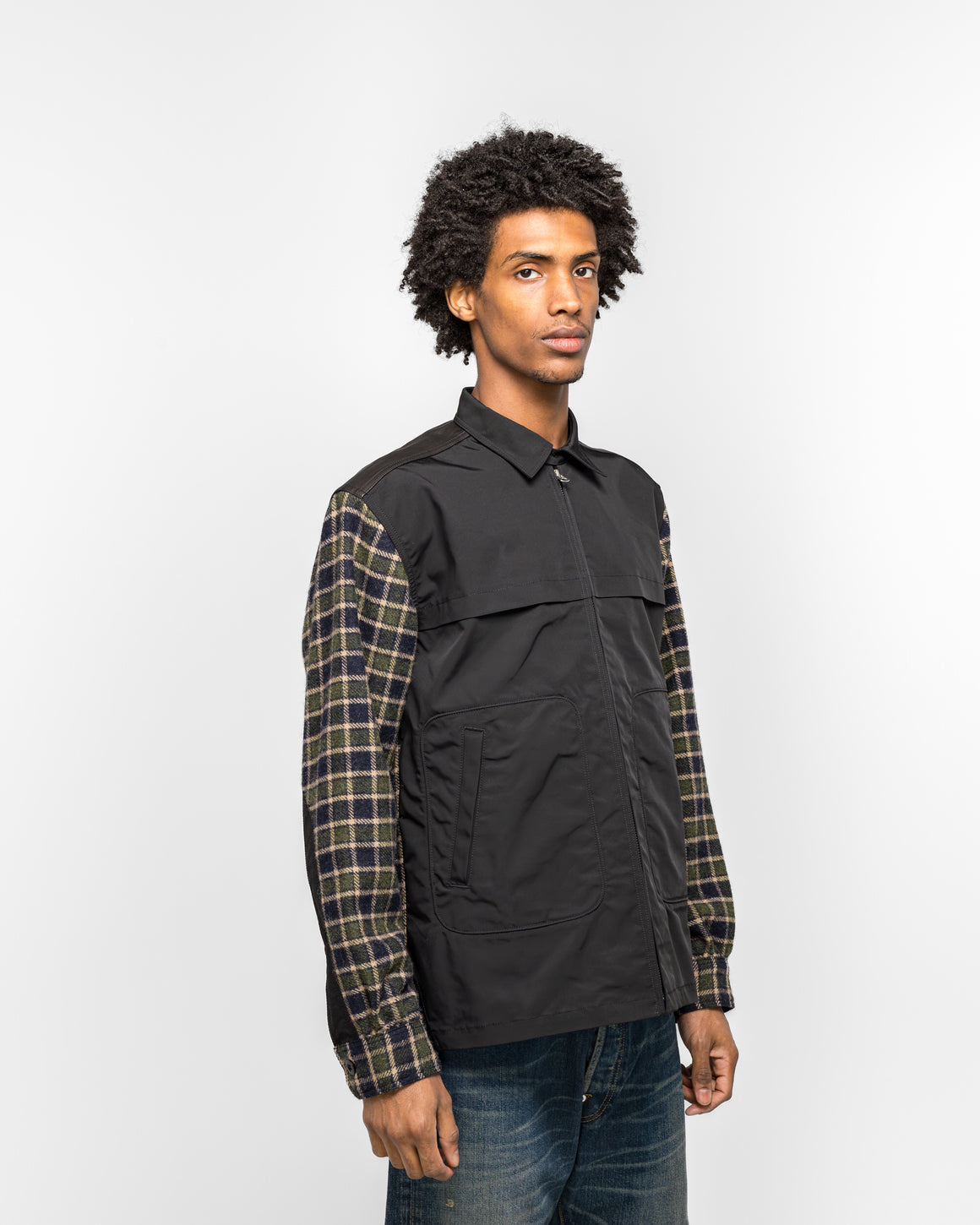 Junya Watanabe MAN - Polyester Oxford Wool Check Leather Shirt - Green/Black - UP THERE