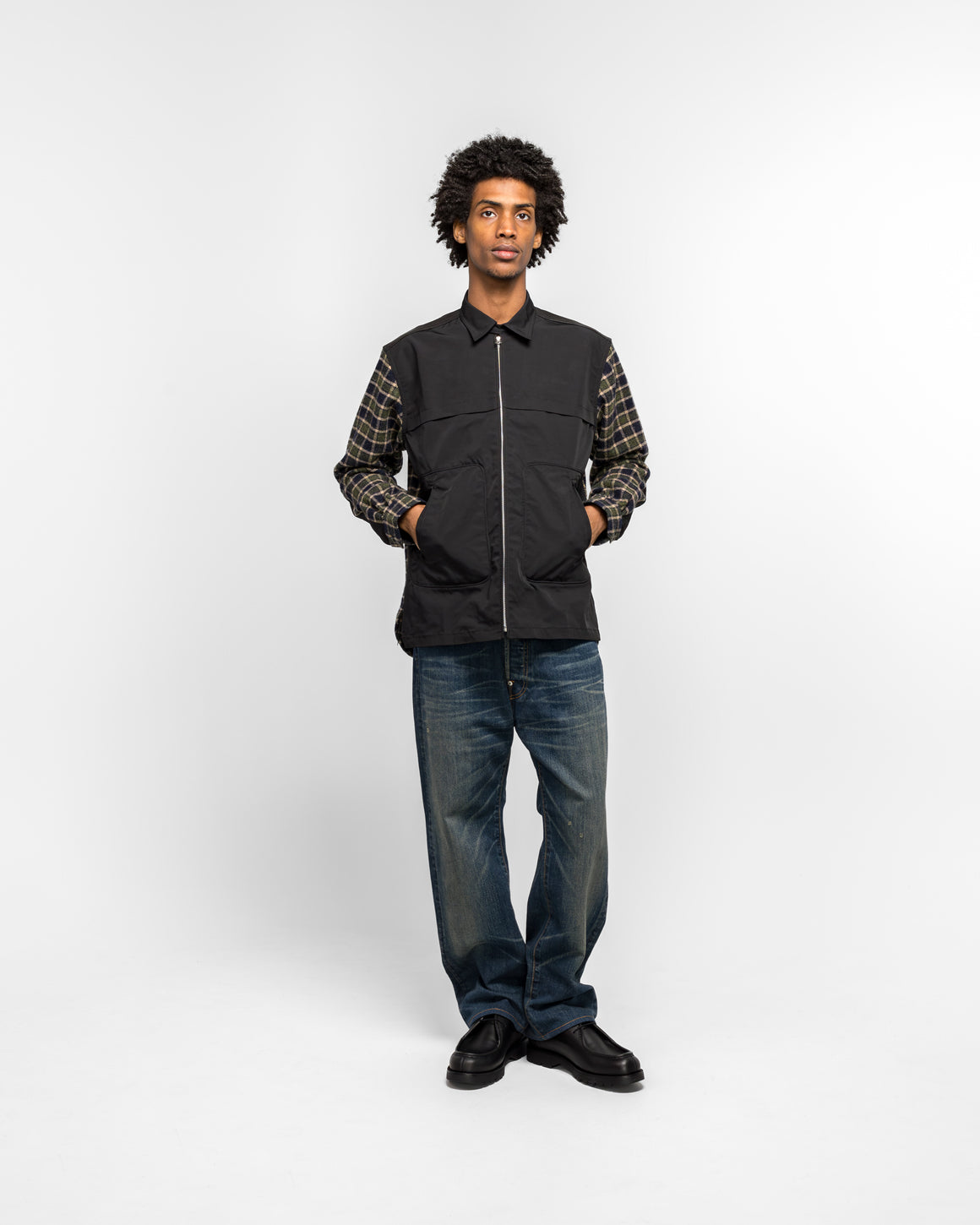 Junya Watanabe MAN - Polyester Oxford Wool Check Leather Shirt - Green/Black - UP THERE