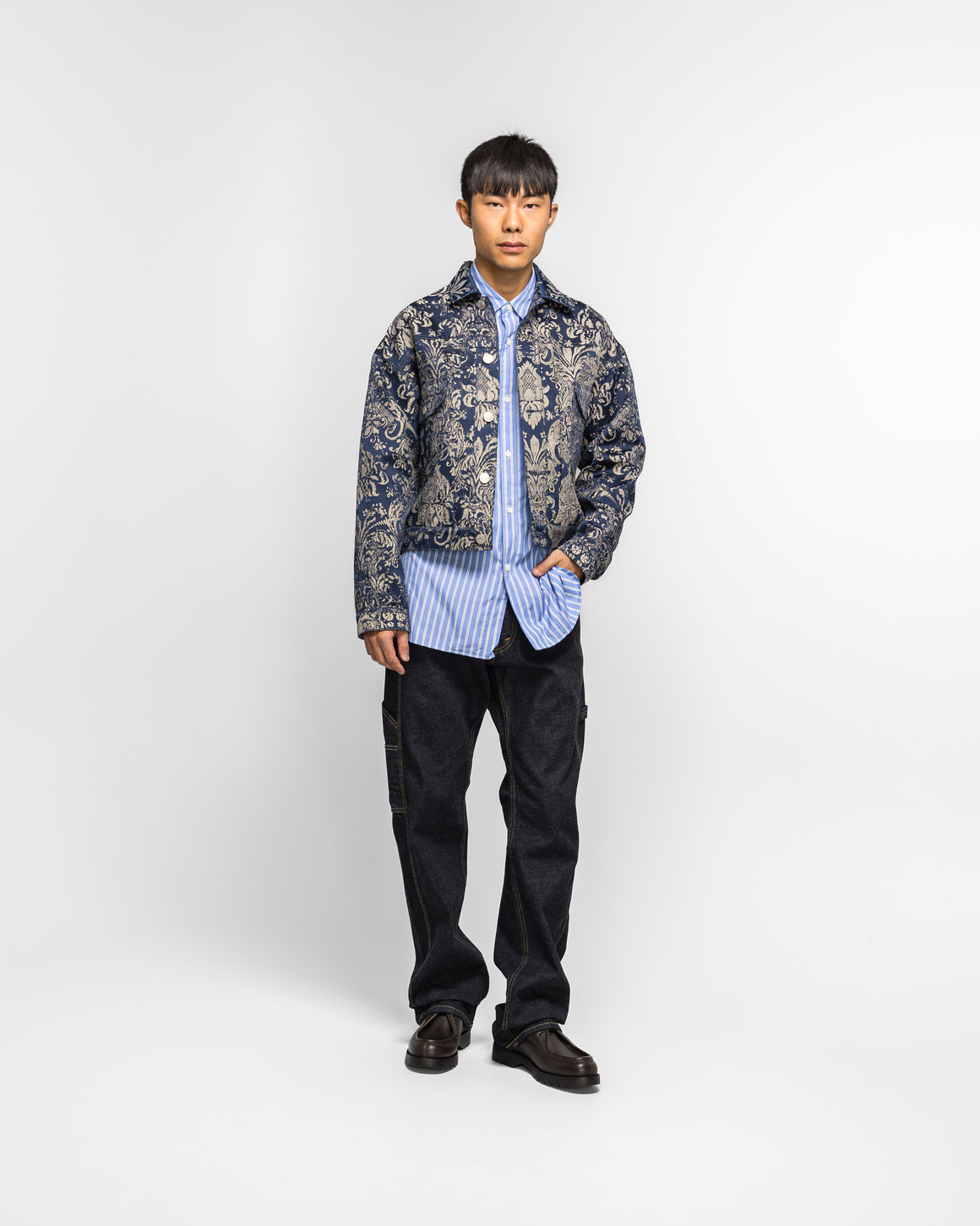 Junya Watanabe MAN - Polyester Rayon Damask Blouson x Levi's - Navy/Beige - UP THERE