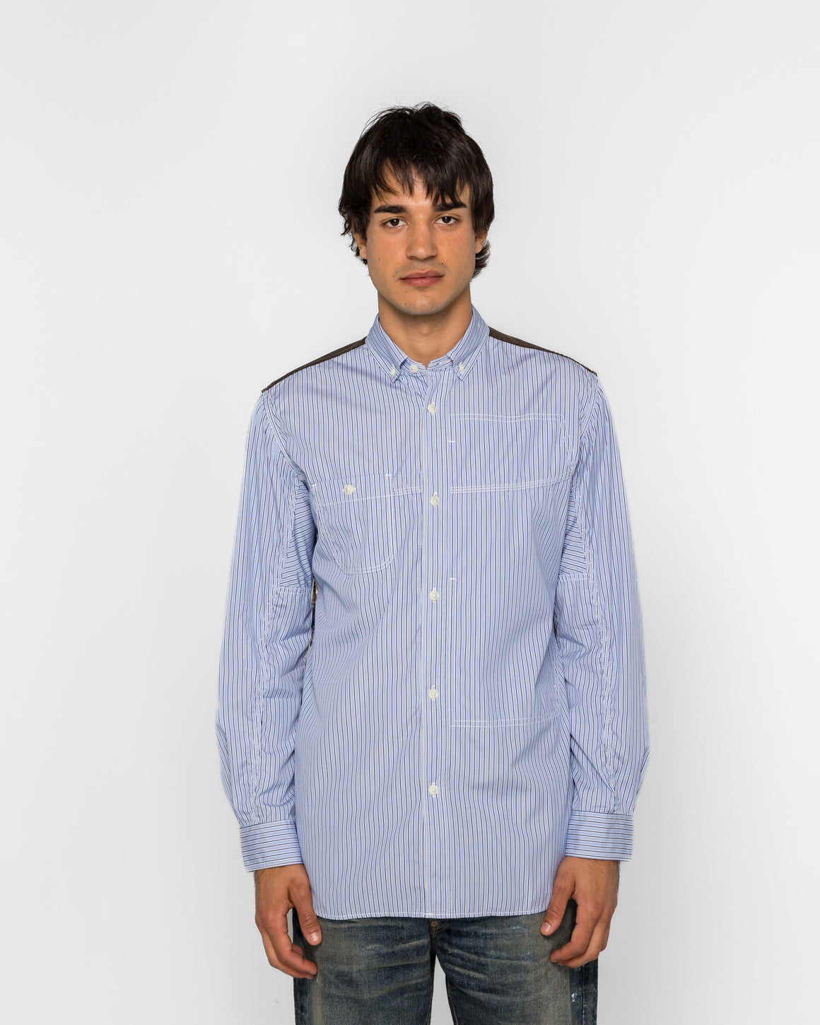 Junya Watanabe MAN - Chest-Pocket Shirt - Sax/NavyWhite-Navy-Brown - UP THERE