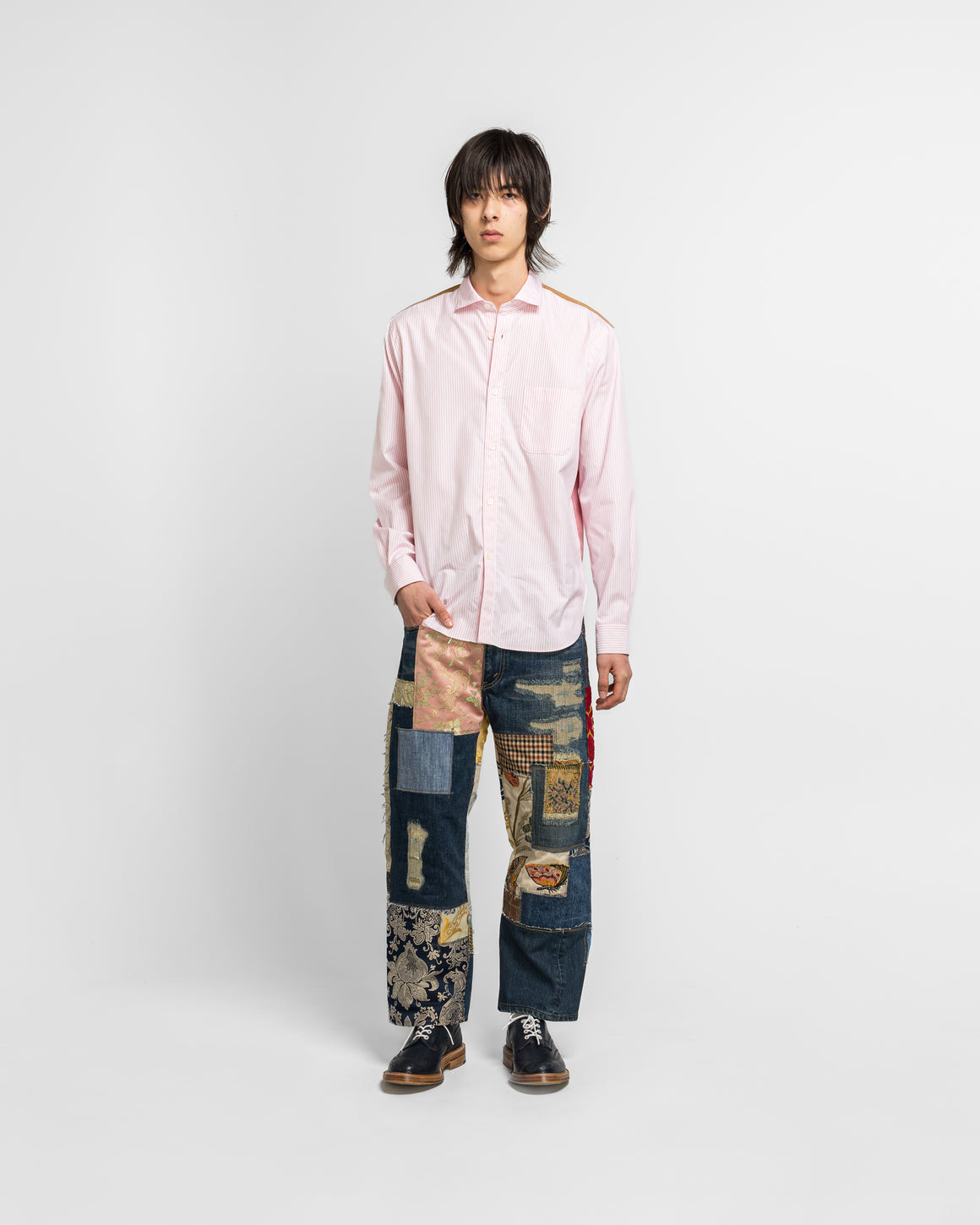 Junya Watanabe MAN - Cotton Stripe x Cotton Nylon Check Shirt - White/Pink - UP THERE