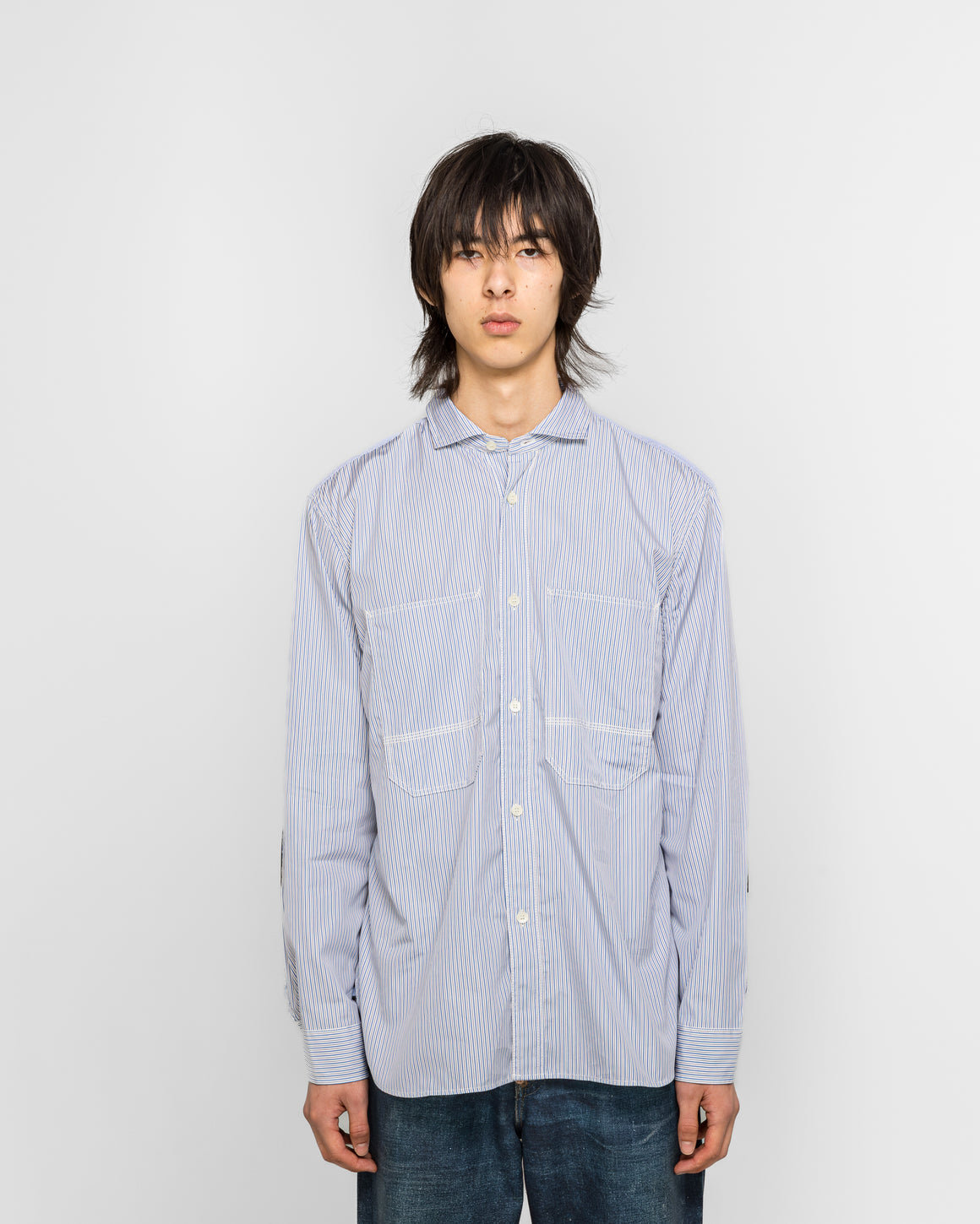 Junya Watanabe MAN - Cotton Stripe x Cotton Ripstop Shirt - White/Sax-Navy - UP THERE
