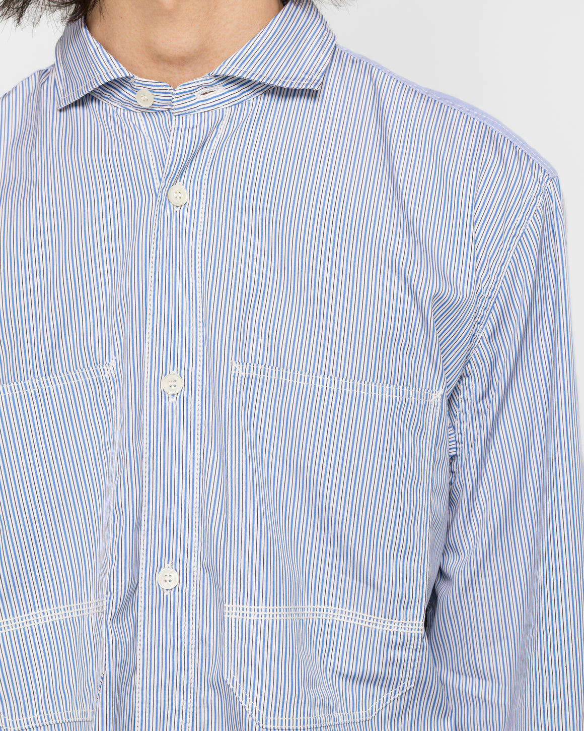 Junya Watanabe MAN - Cotton Stripe x Cotton Ripstop Shirt - White/Sax-Navy - UP THERE