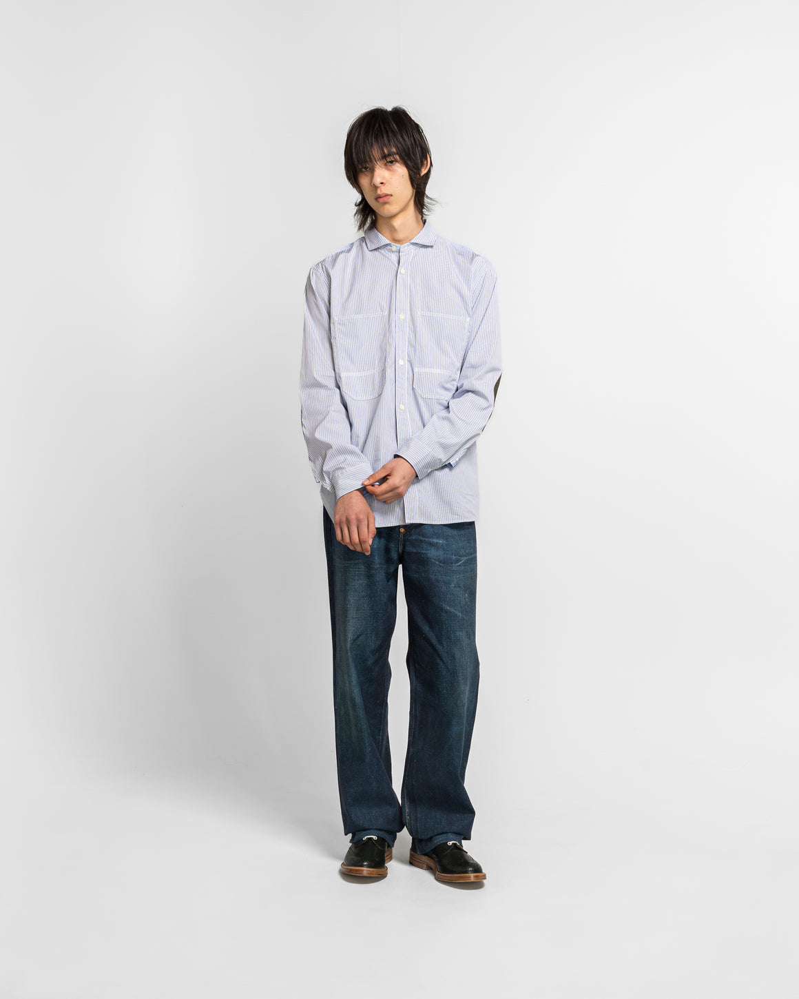 Junya Watanabe MAN - Cotton Stripe x Cotton Ripstop Shirt - White/Sax-Navy - UP THERE