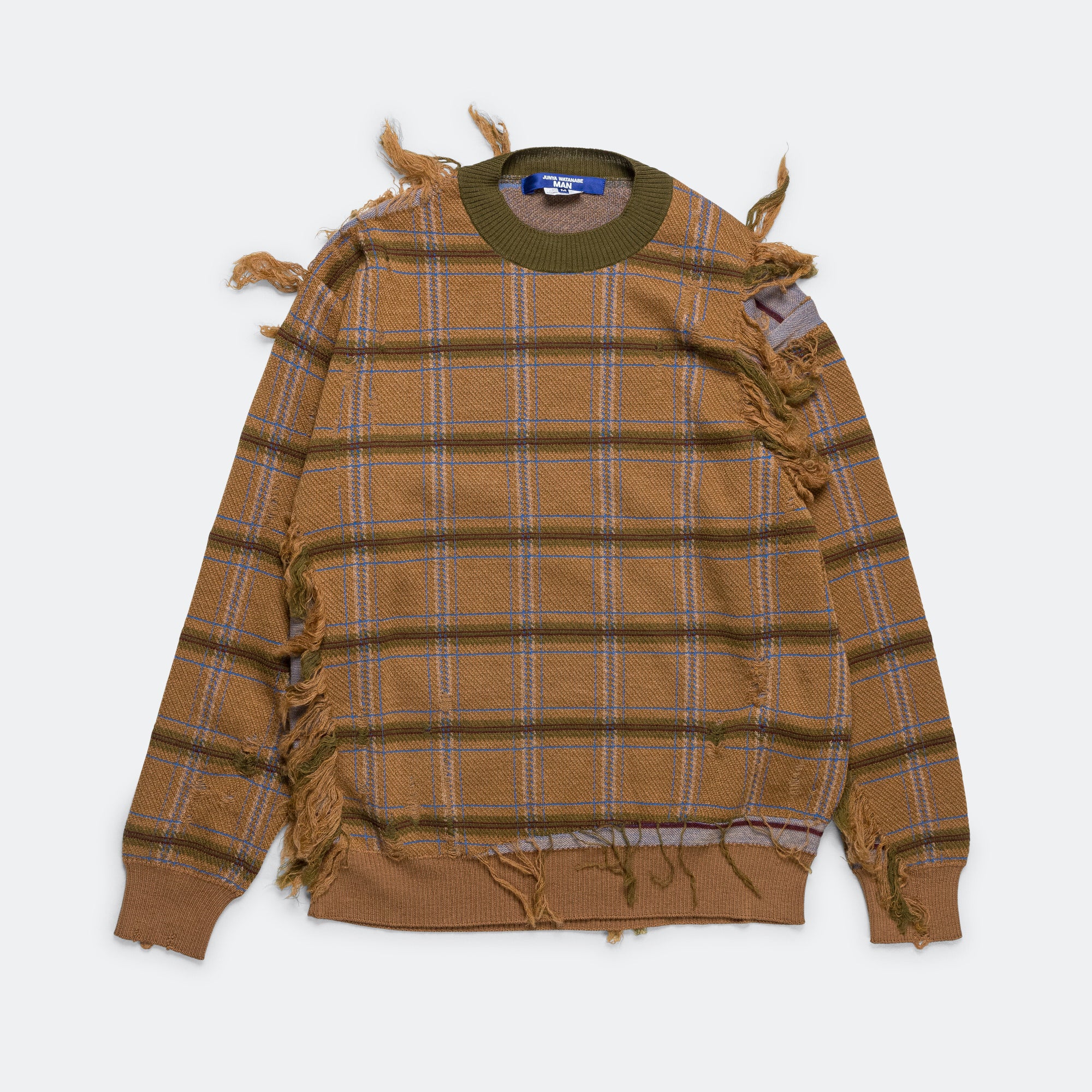 Junya Watanabe MAN Distressed Check Crewneck - Camel/Blue | UP THERE