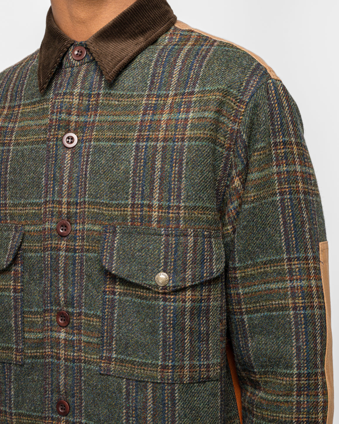 Junya Watanabe MAN - Wool Check Tweed Leather Shirt x FILSON - Green/Brown - UP THERE