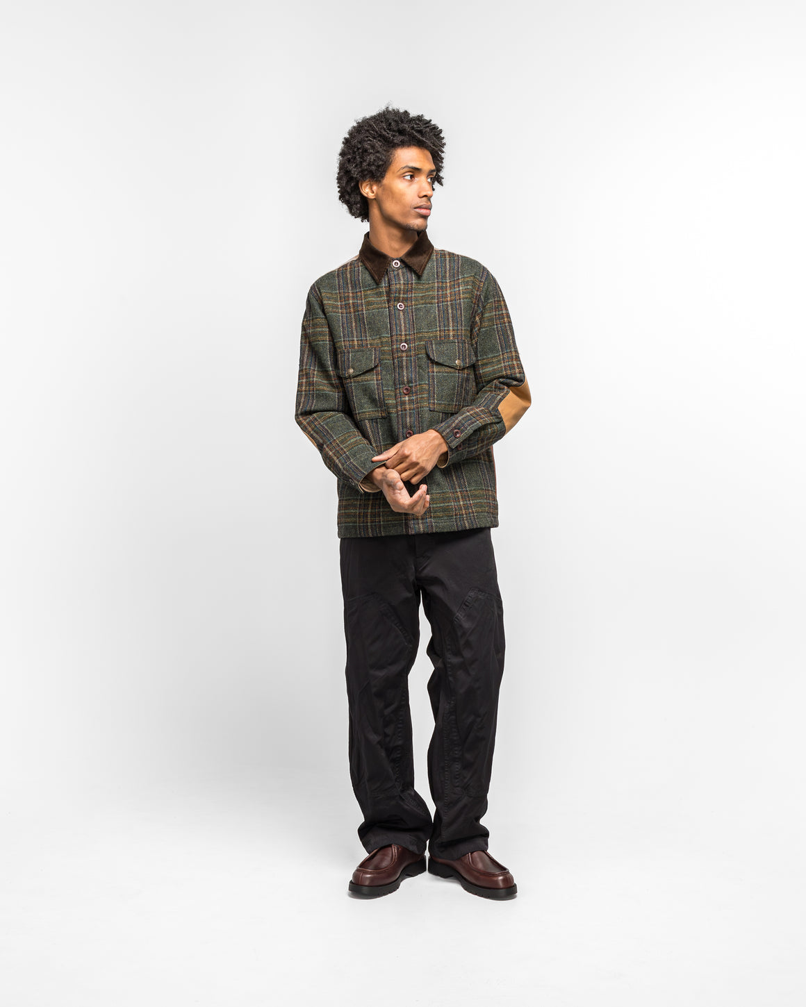 Junya Watanabe MAN - Wool Check Tweed Leather Shirt x FILSON - Green/Brown - UP THERE