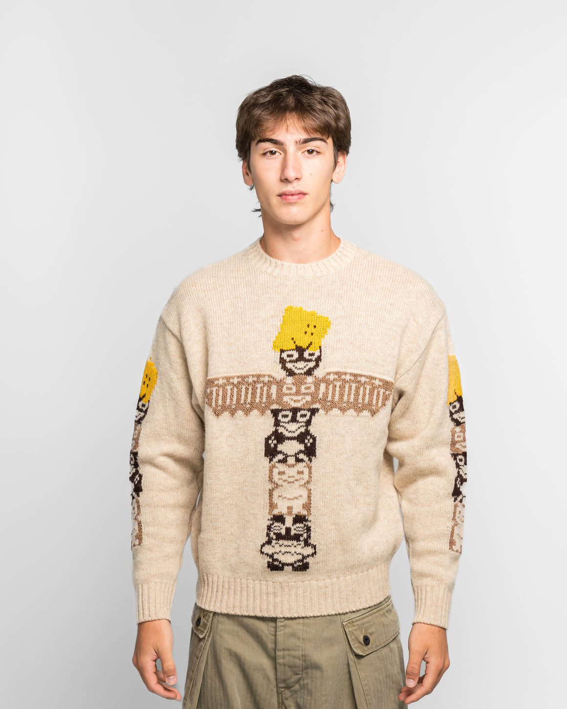 Kapital - 5G Wool PECKISH TOTEM POLE Crew Sweater - Ecru - UP THERE