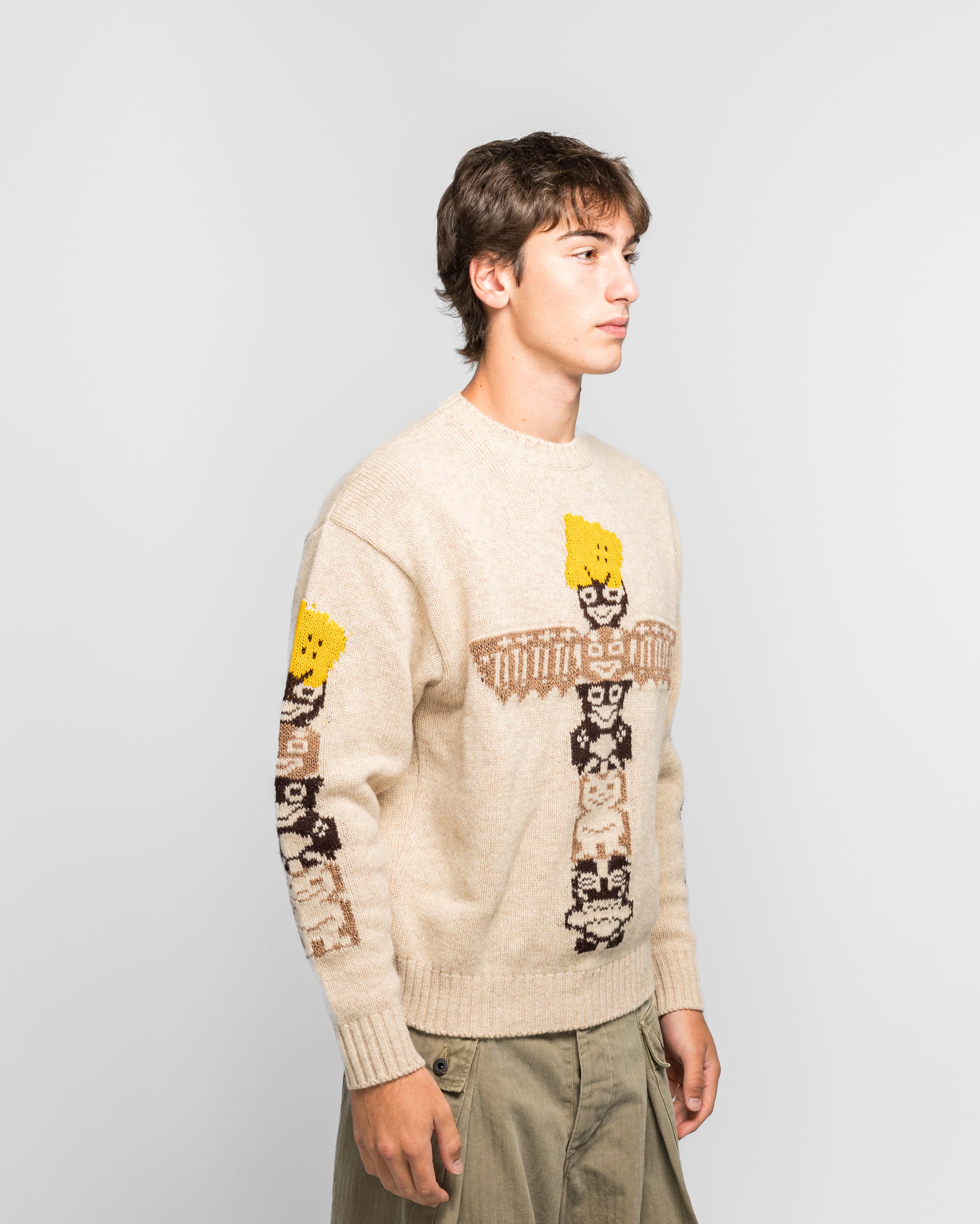 Kapital - 5G Wool PECKISH TOTEM POLE Crew Sweater - Ecru | UP THERE