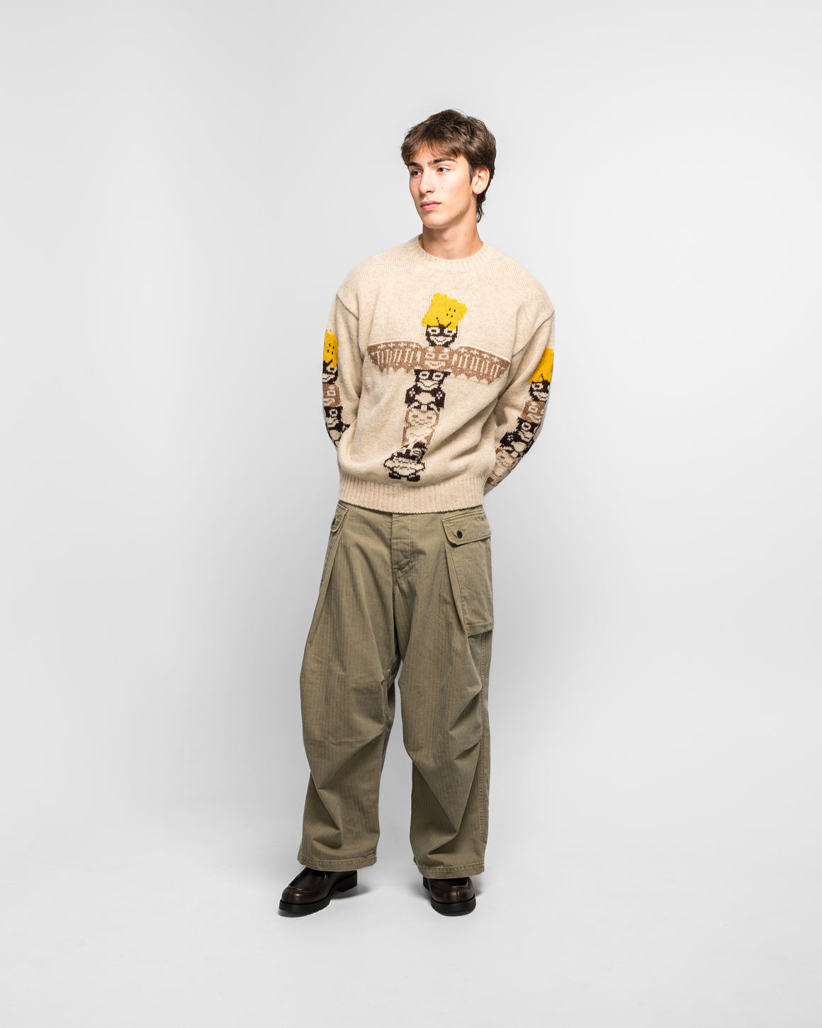 Kapital - 5G Wool PECKISH TOTEM POLE Crew Sweater - Ecru - UP THERE