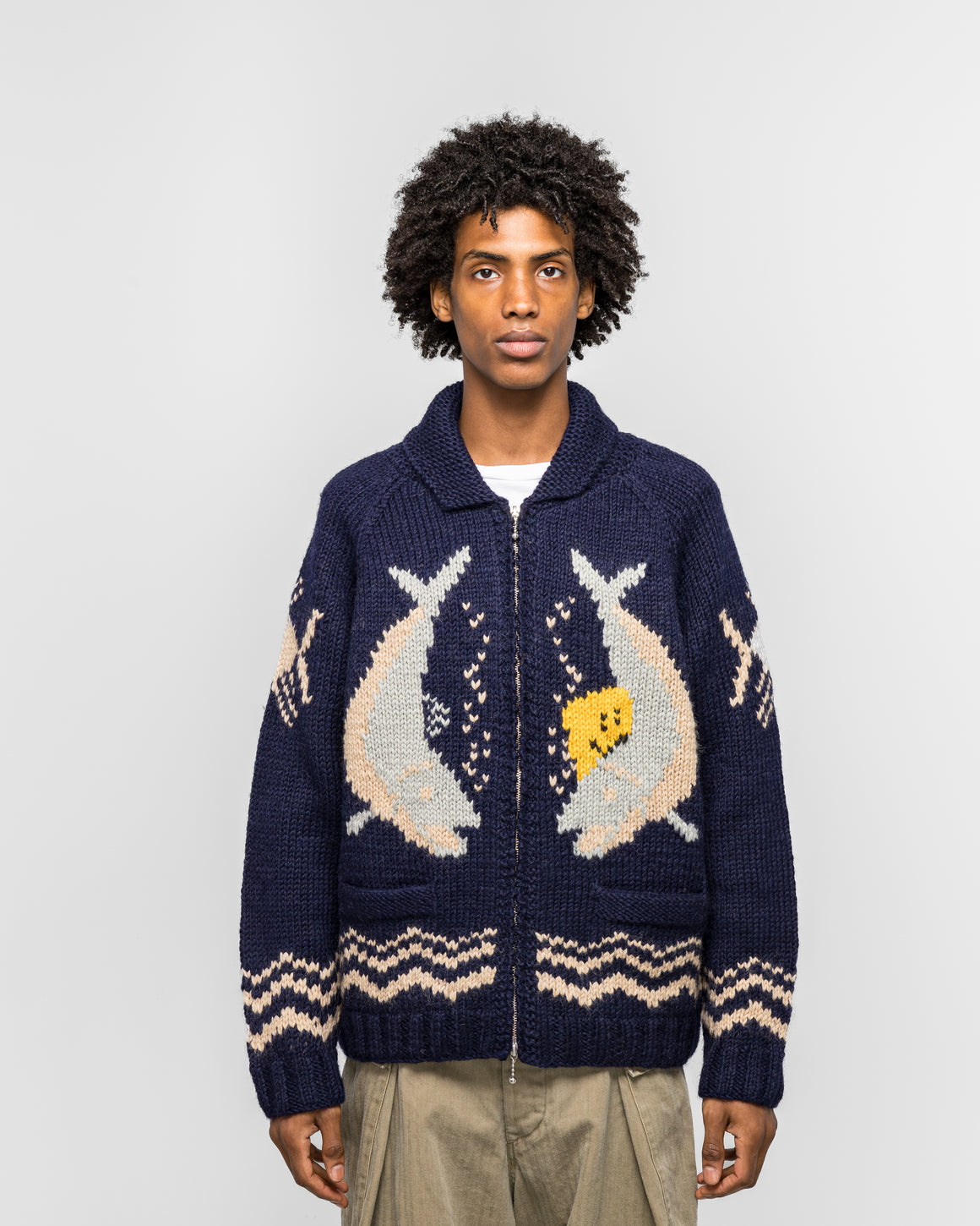 Kapital - Hand Knit PECKISH TROUT ZIP Cardigan - Navy - UP THERE