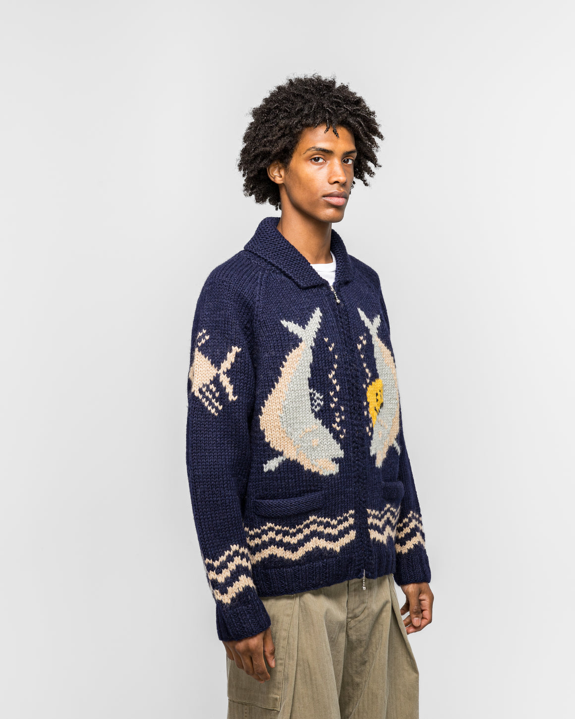 Kapital - Hand Knit PECKISH TROUT ZIP Cardigan - Navy - UP THERE