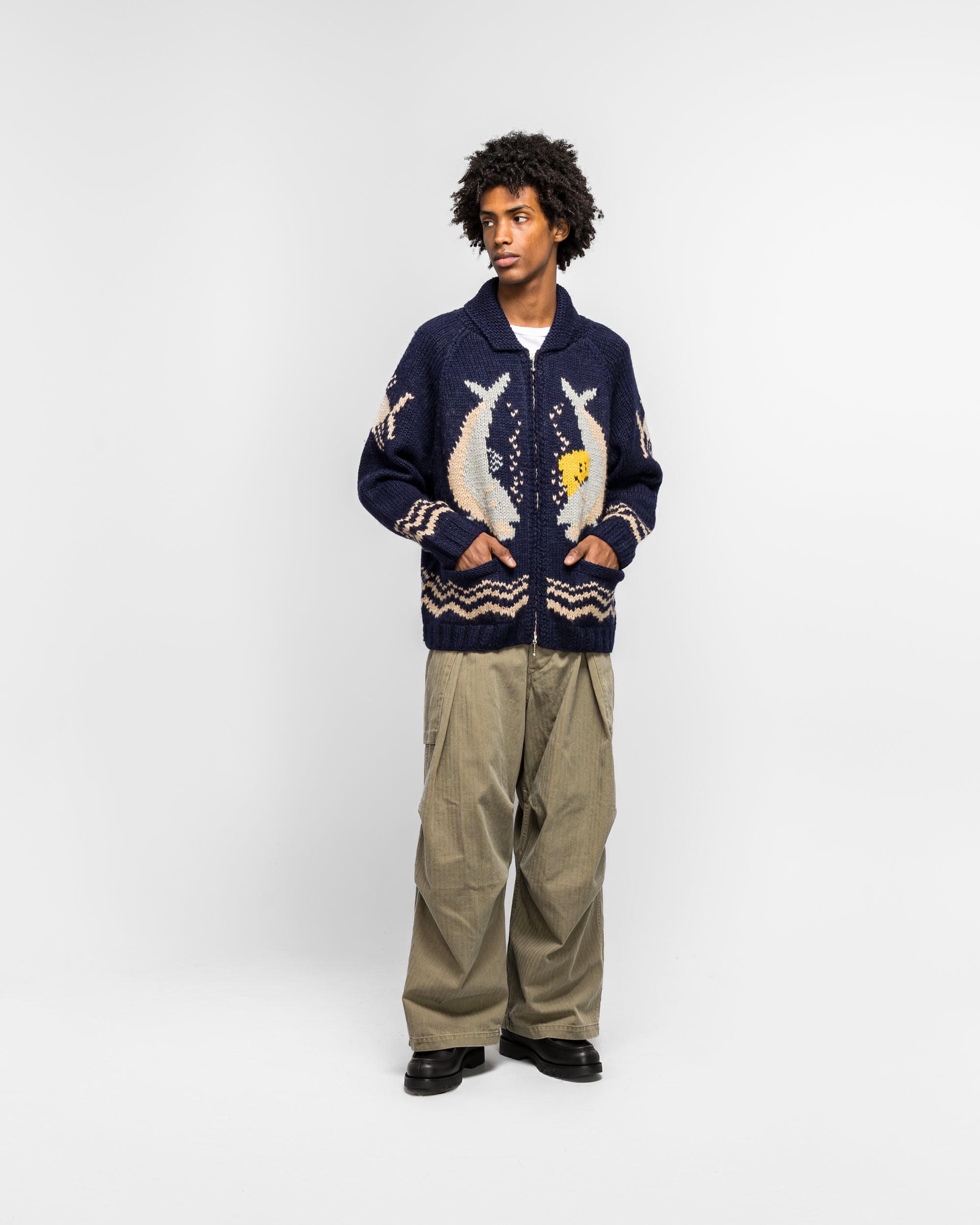 KAPITAL KOUNTRY IDG リネン 刺し子 ニット カーディガン Kapital - Hand Knit PECKISH TROUT ZIP Cardigan - Navy | UP THERE