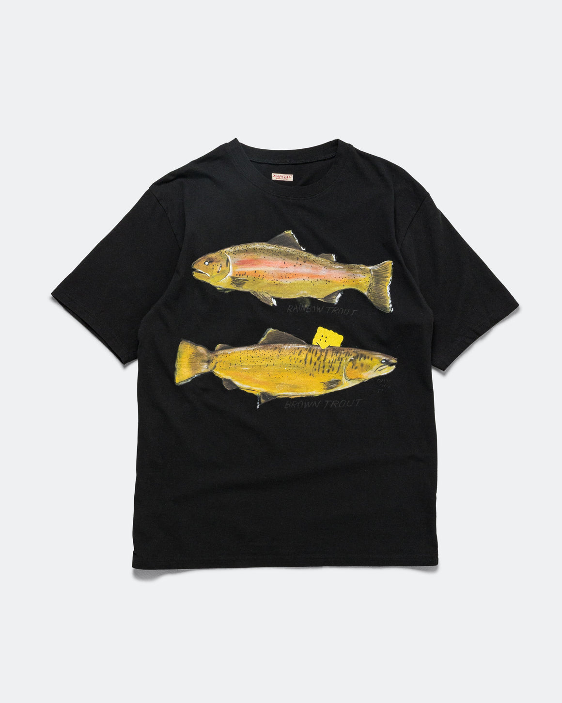 Kapital - 20/-Jersey Crew T (Two Trouts PECKISH RAINBOWY) - Black - UP THERE