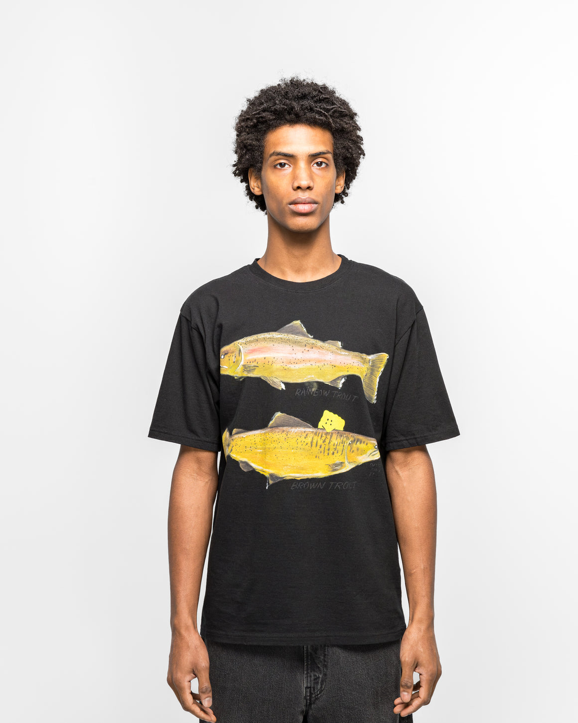 Kapital - 20/-Jersey Crew T (Two Trouts PECKISH RAINBOWY) - Black - UP THERE