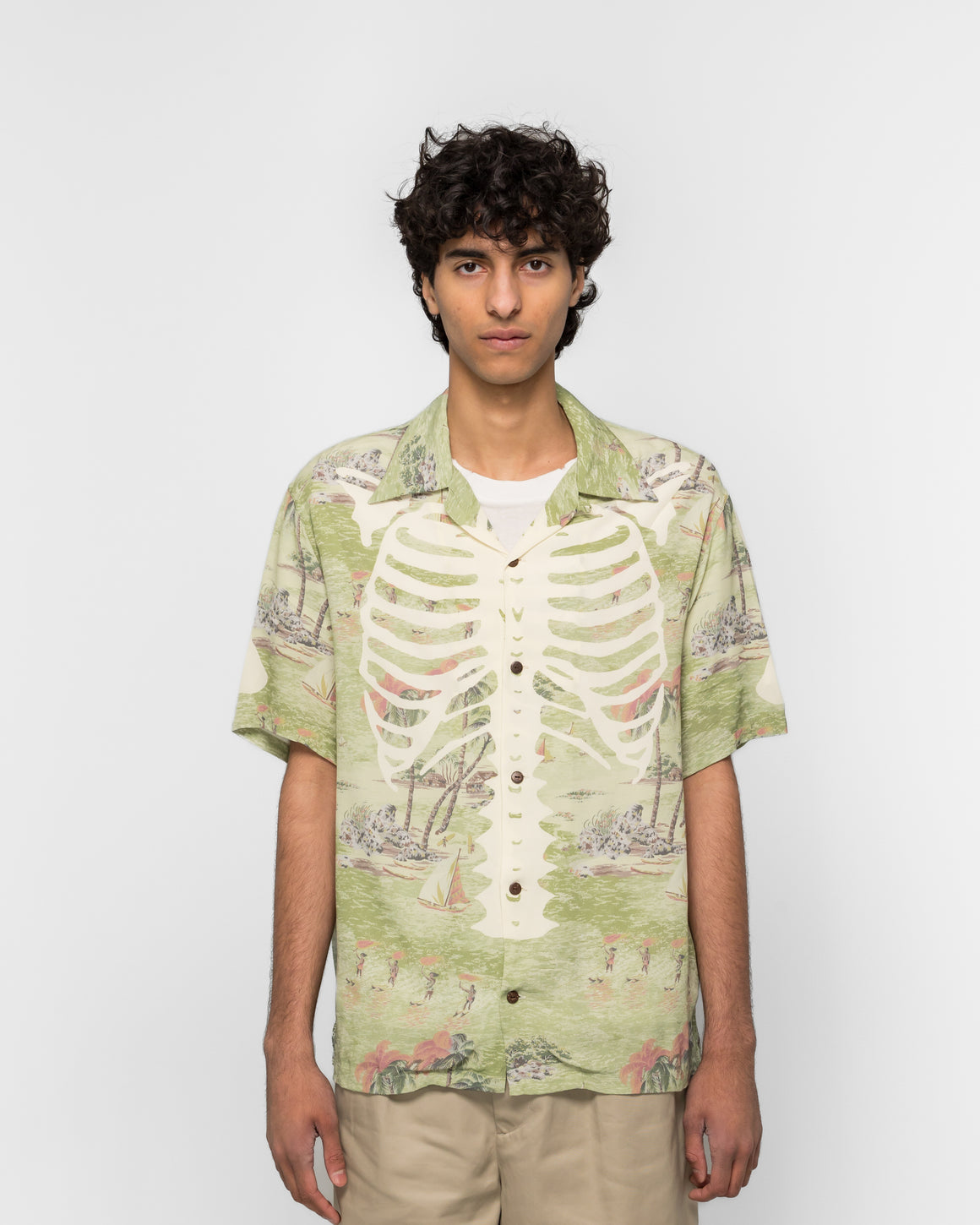 Kapital - Rayon KAMEKAMEHA BONES Aloha Shirt - Khaki - UP THERE