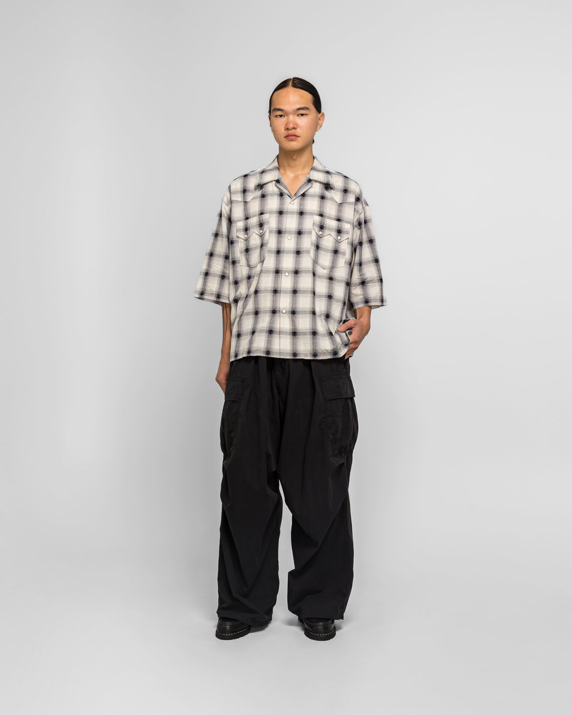 Kapital - THUNDERBIRD Shadow-Check Camp Collar Western BIG Shirt - Black - UP THERE