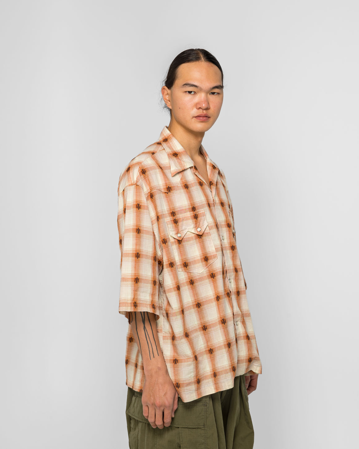 Kapital - THUNDERBIRD Shadow-Check Camp Collar Western BIG Shirt - Orange - UP THERE