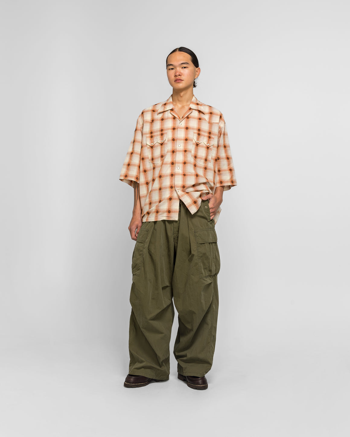 Kapital - THUNDERBIRD Shadow-Check Camp Collar Western BIG Shirt - Orange - UP THERE