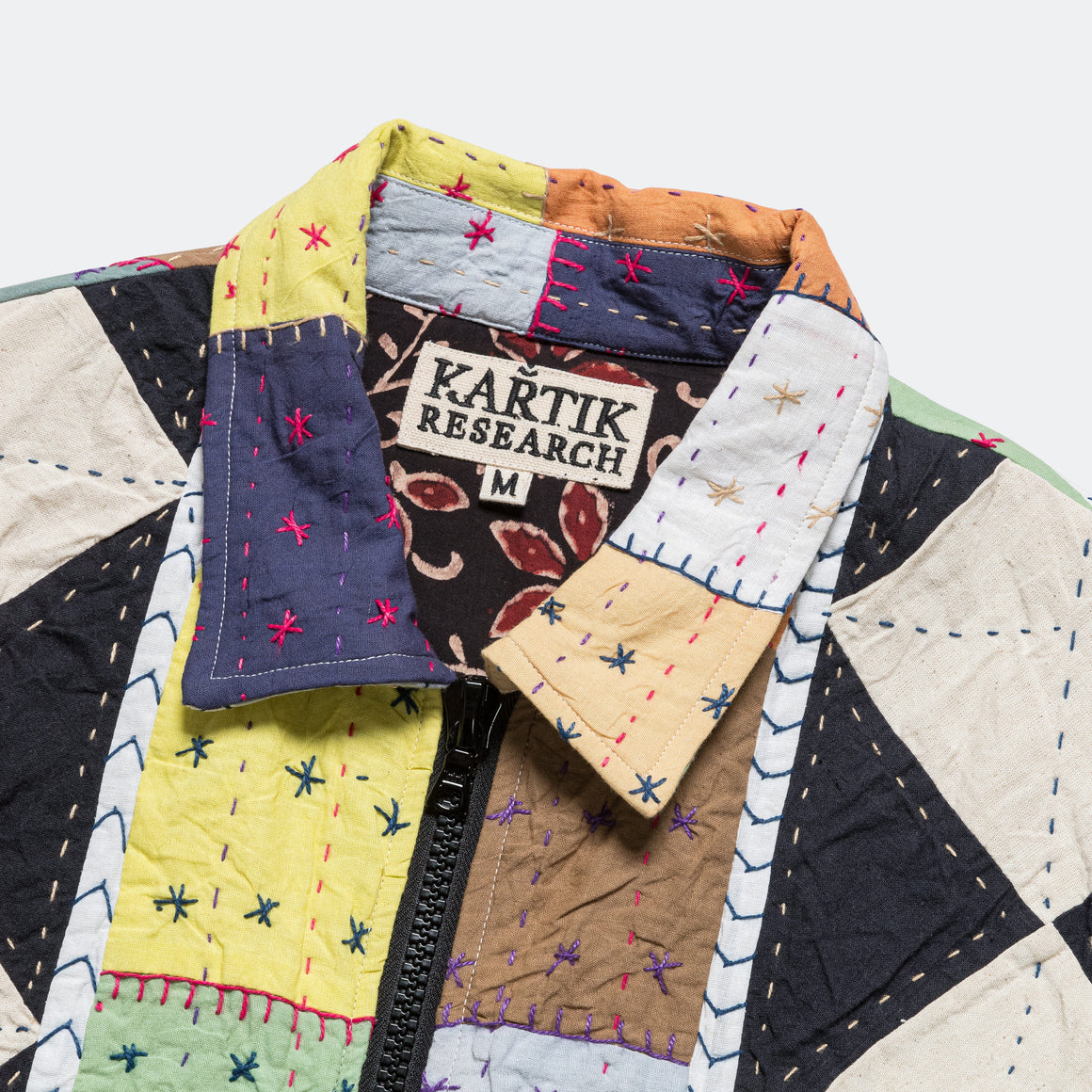 Zip Work Jacket Hand Quilted - White/Brown-Multicolour
