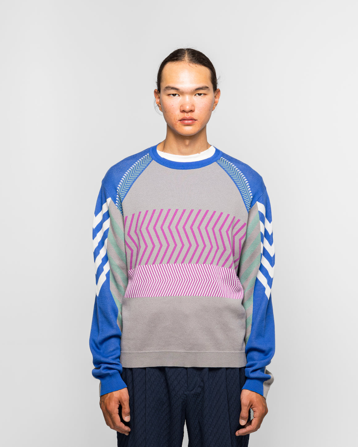 Kiko Kostadinov - Gizi Panelled Jumper - Blue/Grey Combed Cotton - UP THERE
