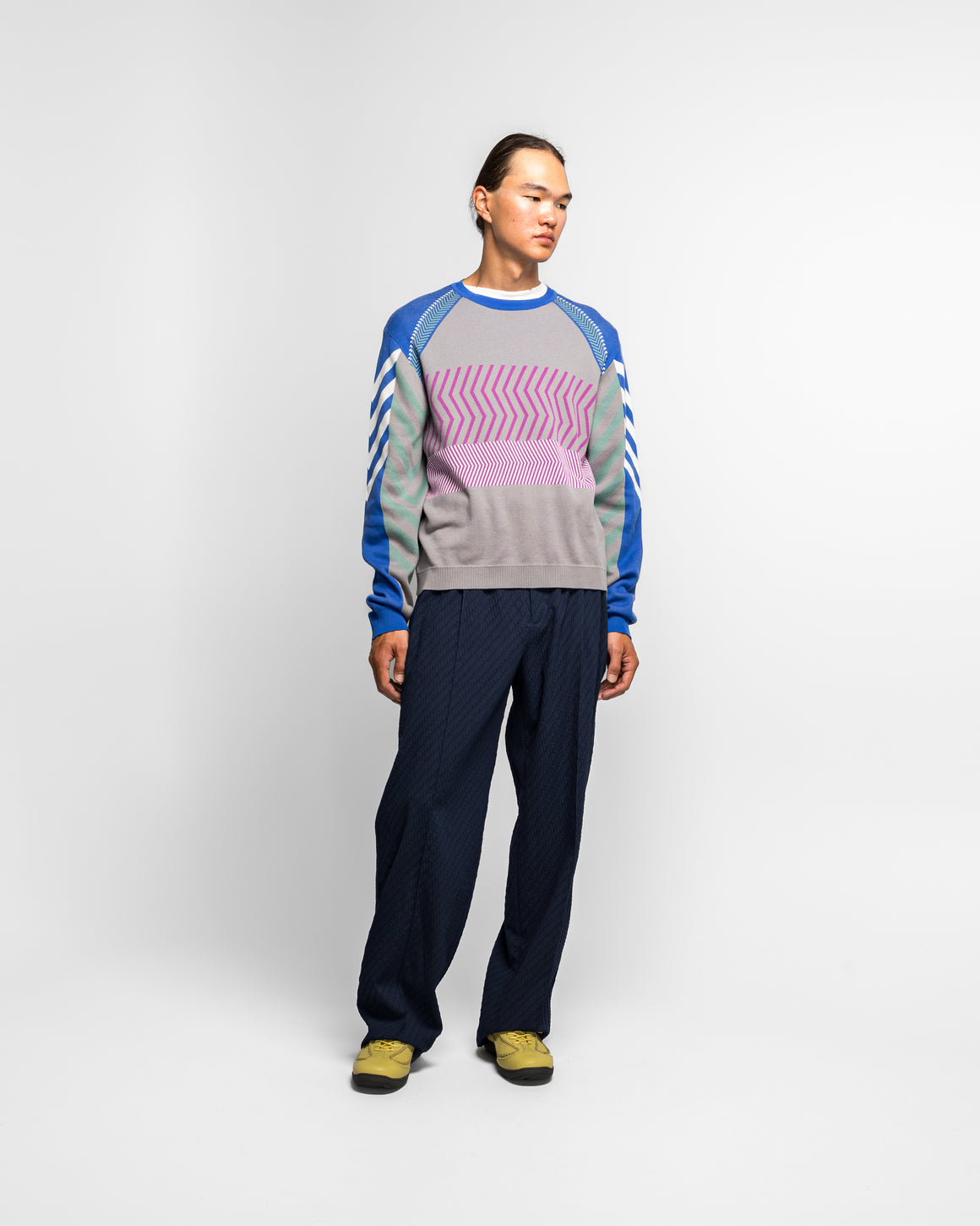 Kiko Kostadinov - Gizi Panelled Jumper - Blue/Grey Combed Cotton - UP THERE
