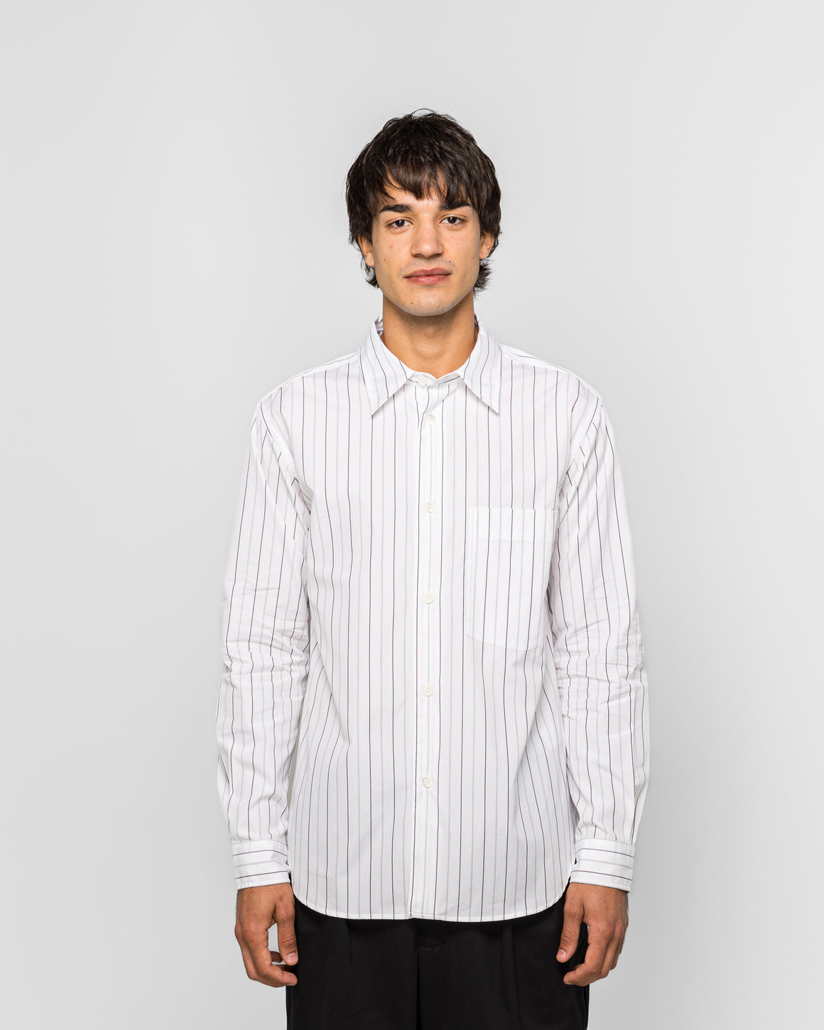 Margaret Howell - Basic Shirt - Cotton White/Charcoal Wide Stripe - UP THERE