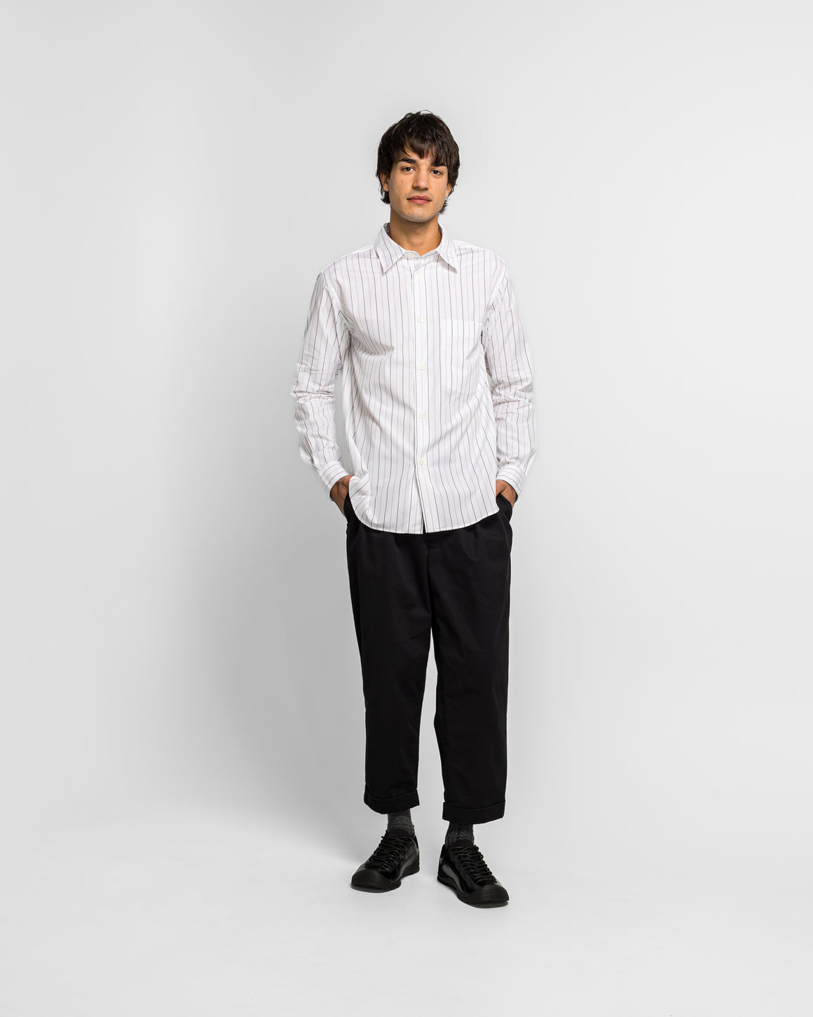 Margaret Howell - Basic Shirt - Cotton White/Charcoal Wide Stripe - UP THERE