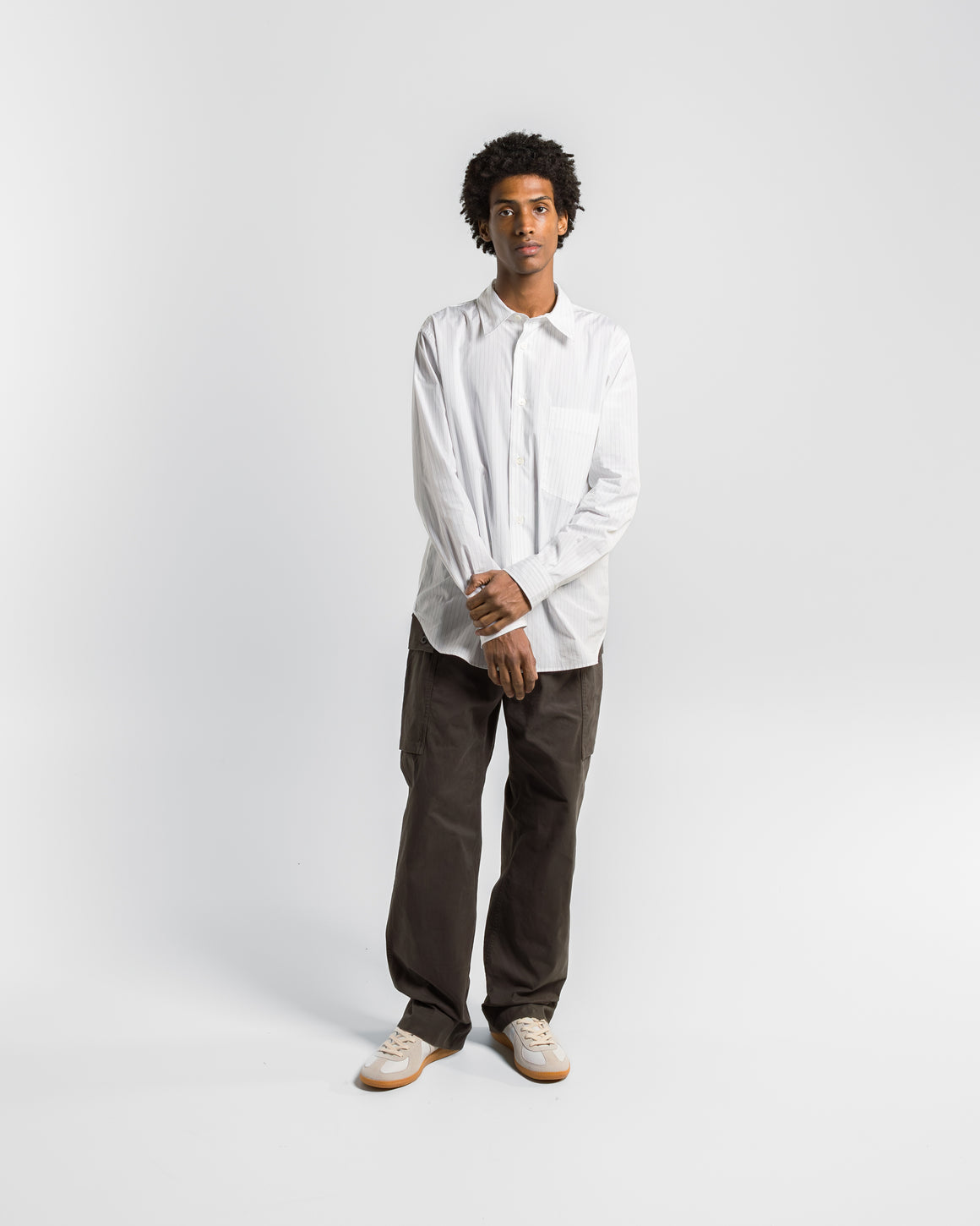 Margaret Howell - Basic Shirt - White/Grey Fine Cotton Stripe - UP THERE