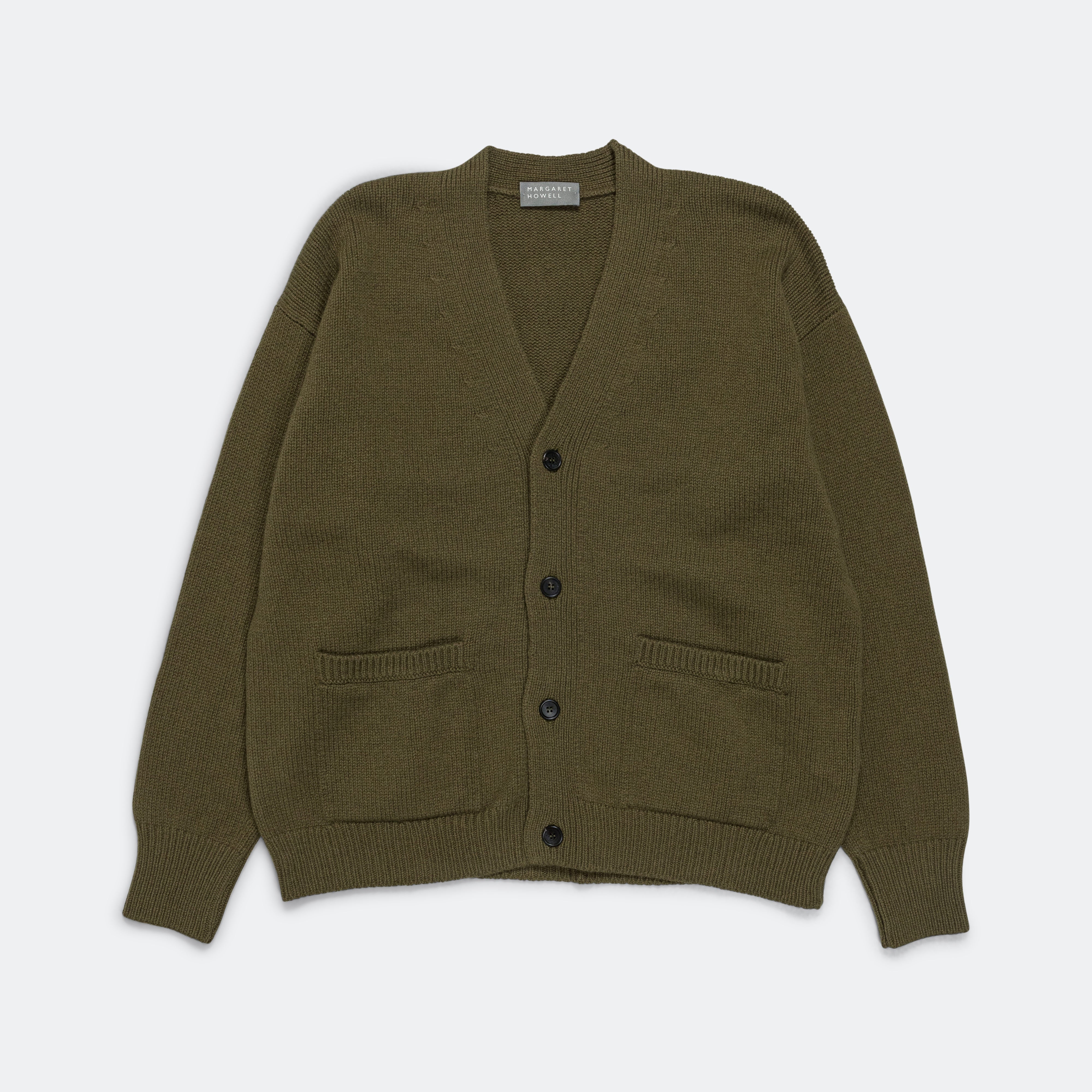 Margaret Howell Boxy Cardigan - Olive Green Geelong Wool | UP THERE