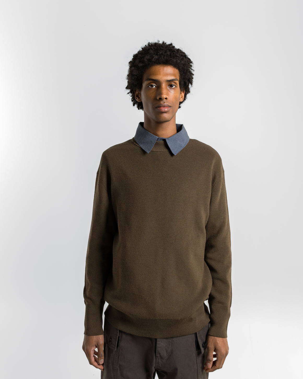 Margaret Howell - Fine Rib Crew - Khaki Extrafine Merino Wool - UP THERE