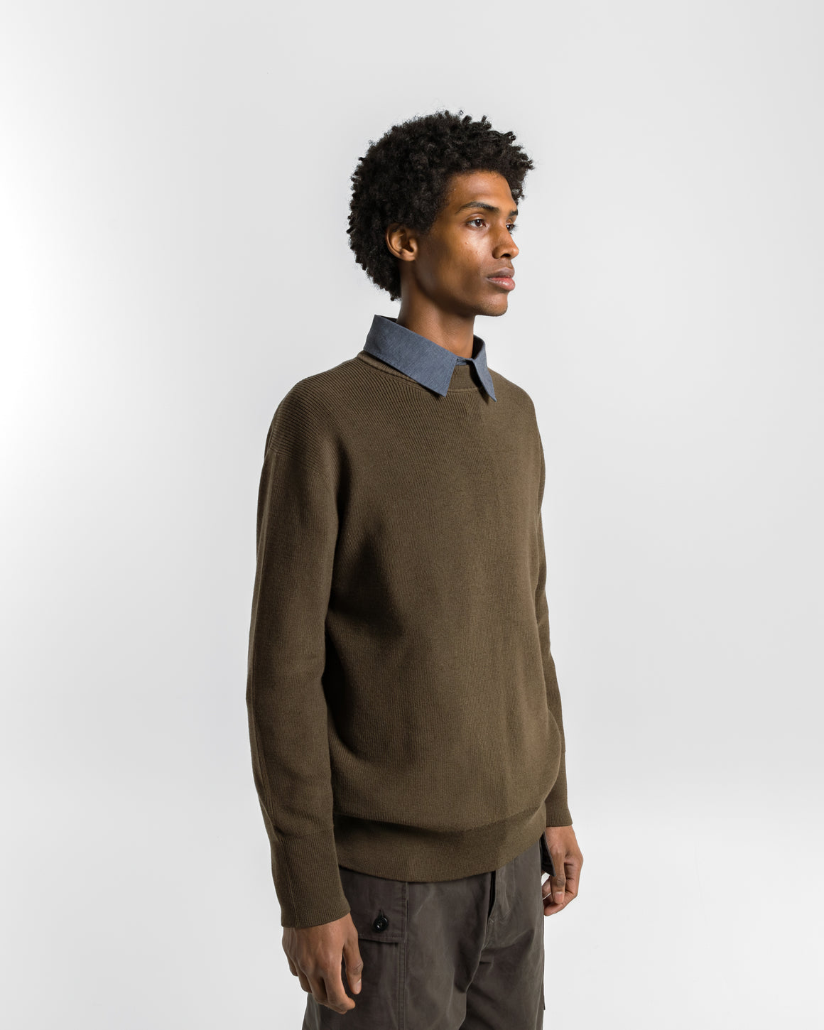 Margaret Howell - Fine Rib Crew - Khaki Extrafine Merino Wool - UP THERE