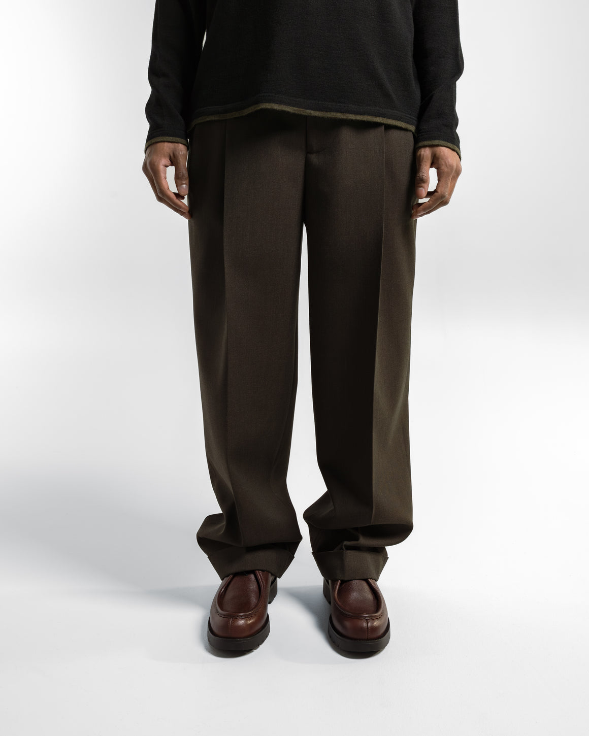 Margaret Howell - Stitch Pleat Trousers - Khaki Brown Compact Wool Serge - UP THERE