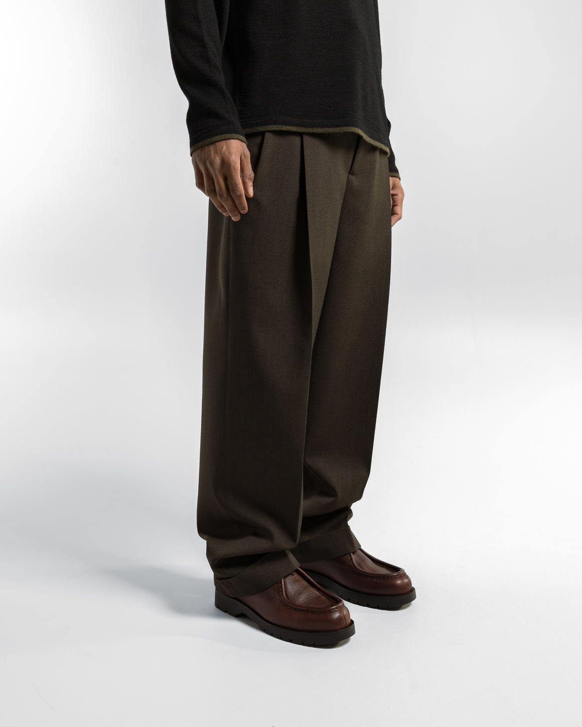 Margaret Howell - Stitch Pleat Trousers - Khaki Brown Compact Wool Serge - UP THERE