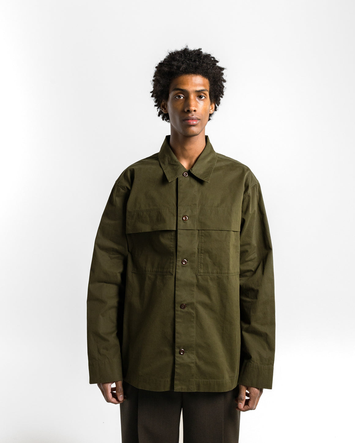 MHL. - Storm Flap Shirt - Seaweed Brushed Cotton Twill - UP THERE