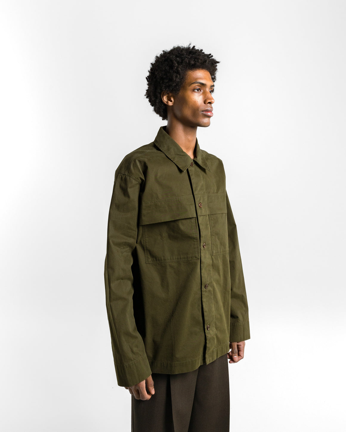 MHL. - Storm Flap Shirt - Seaweed Brushed Cotton Twill - UP THERE