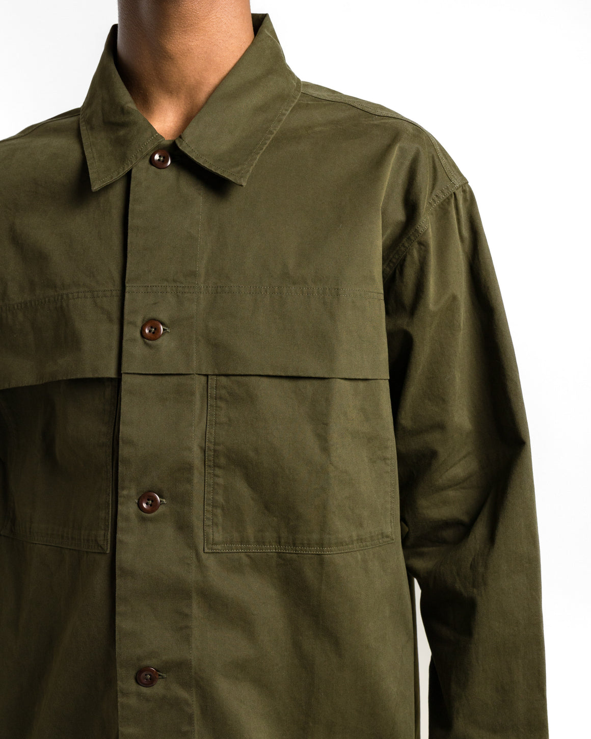 MHL. - Storm Flap Shirt - Seaweed Brushed Cotton Twill - UP THERE