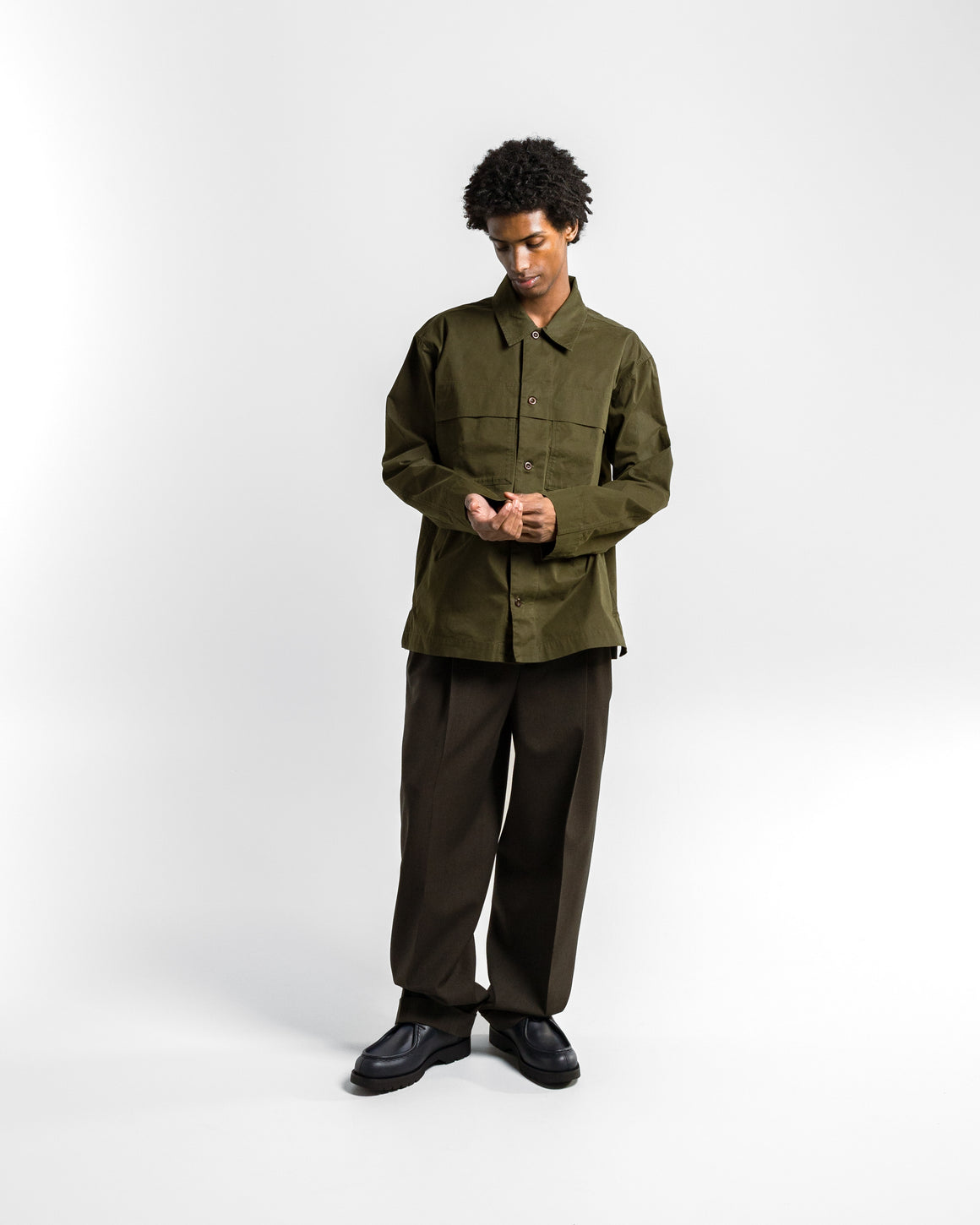 MHL. - Storm Flap Shirt - Seaweed Brushed Cotton Twill - UP THERE