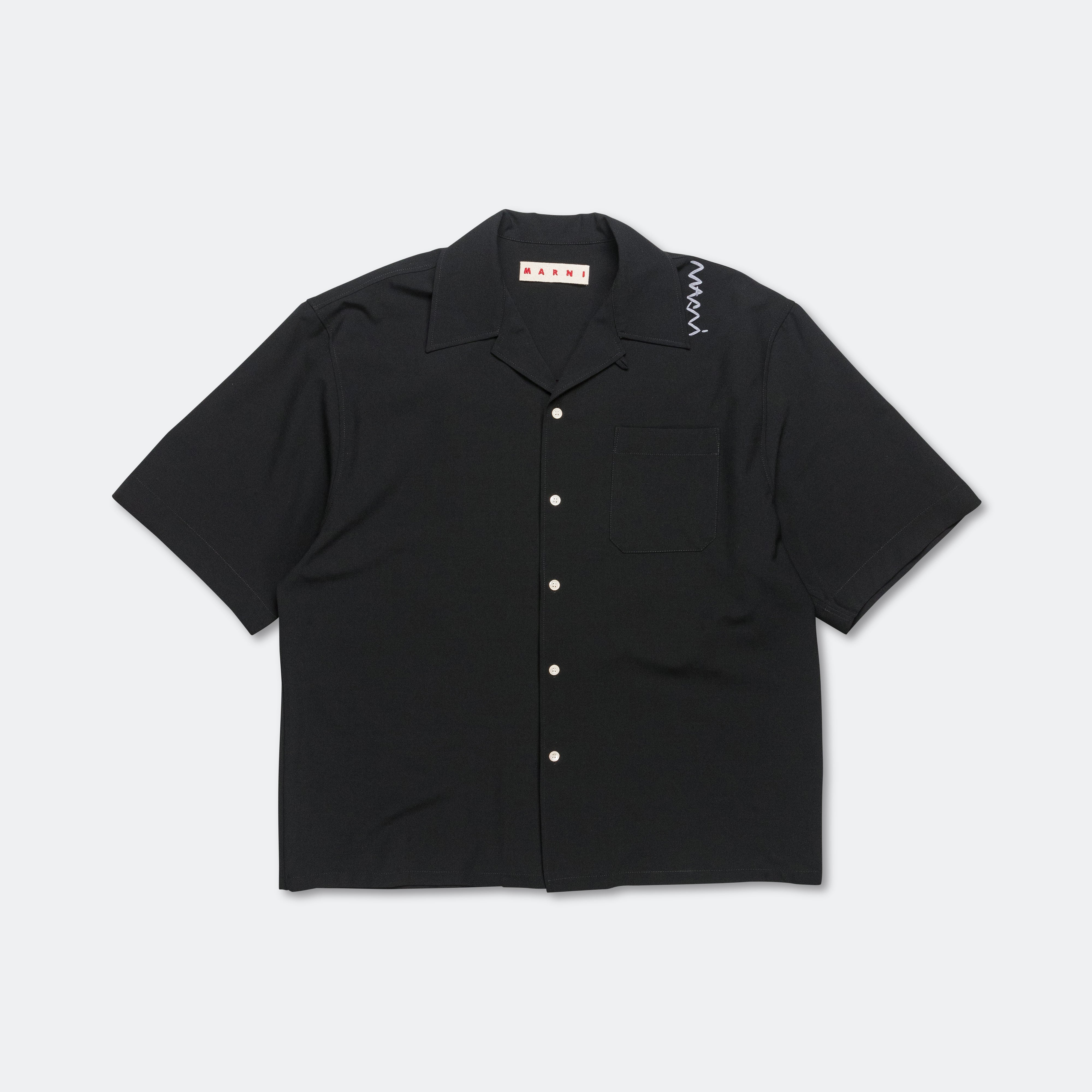 Wool Blend Short Sleeve Bowling Shirt - Black | UP THERE