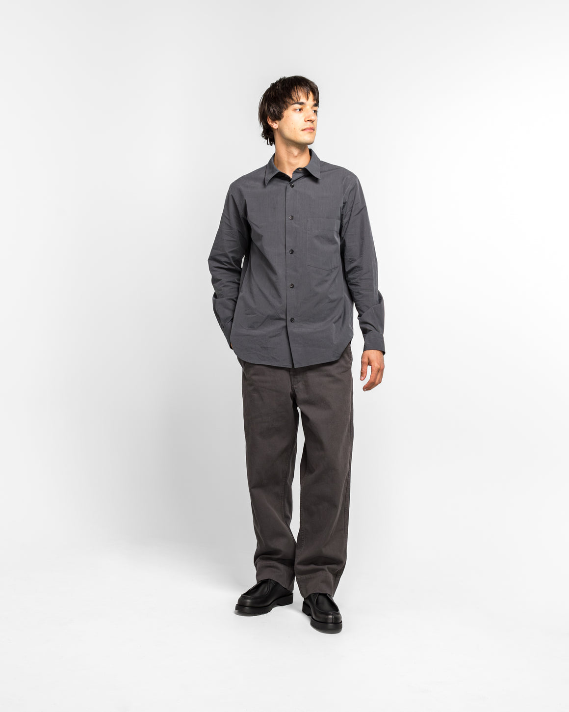 Margaret Howell - Basic Shirt - Charcoal Yarn Dye Cotton Poplin - UP THERE