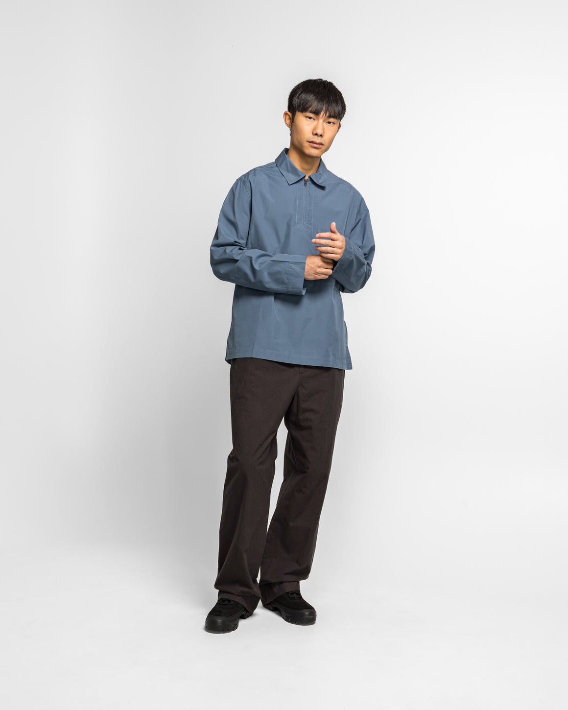 MHL. - LS Half Zip Shirt - Blue Sanded Cotton Poplin Uniform - UP THERE