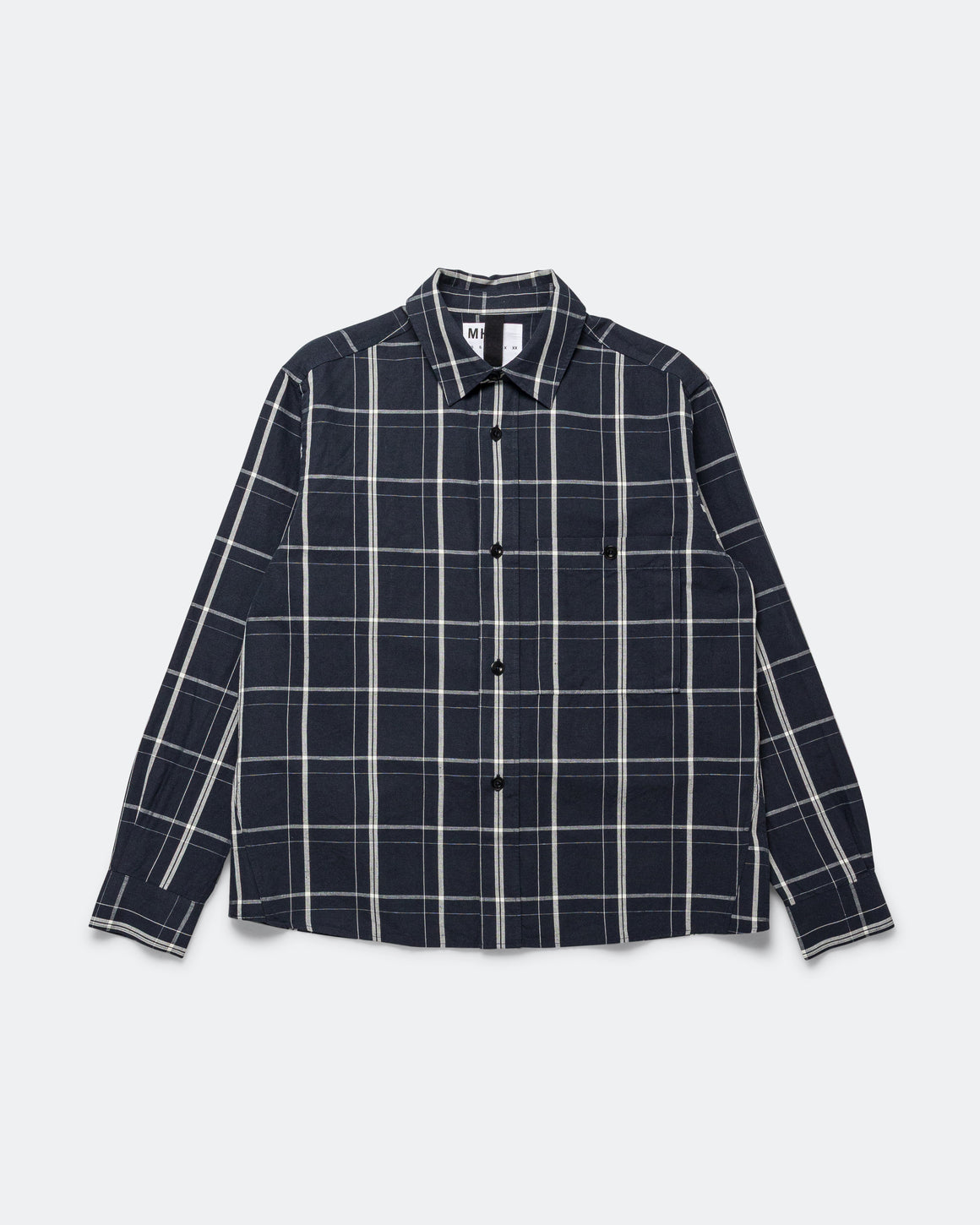 MHL. - Overall Shirt - Blue/Off White Graphic Check Cotton Linen Slate - UP THERE