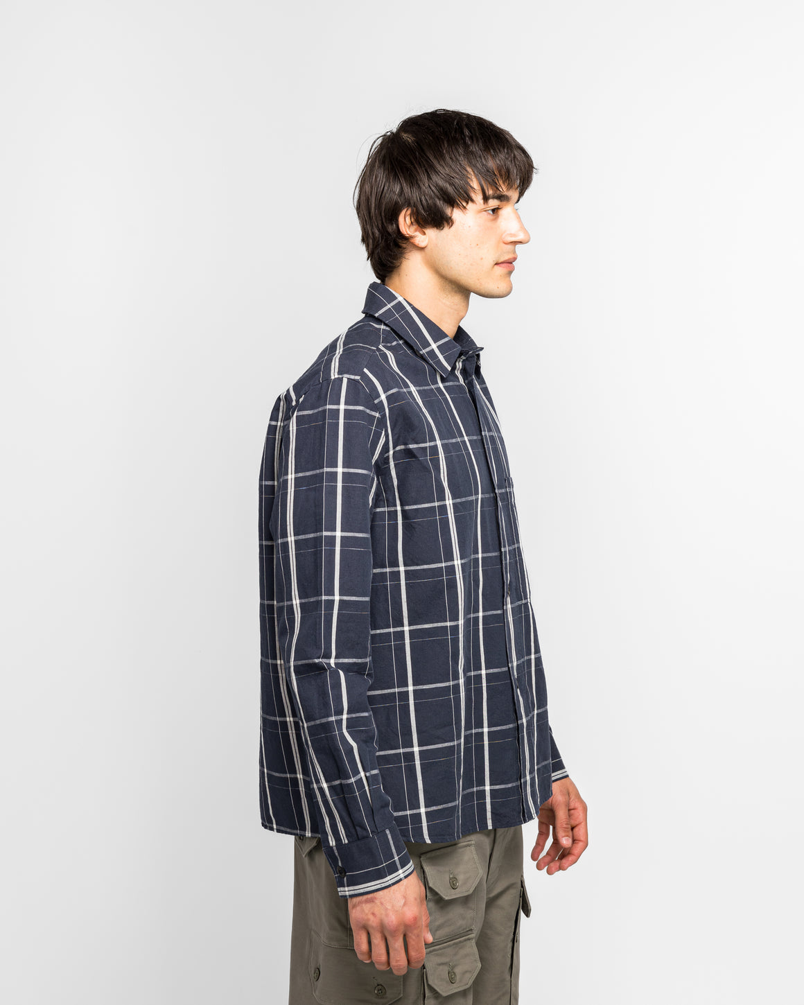MHL. - Overall Shirt - Blue/Off White Graphic Check Cotton Linen Slate - UP THERE