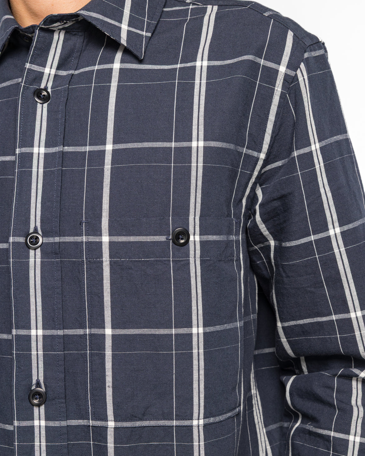 MHL. - Overall Shirt - Blue/Off White Graphic Check Cotton Linen Slate - UP THERE